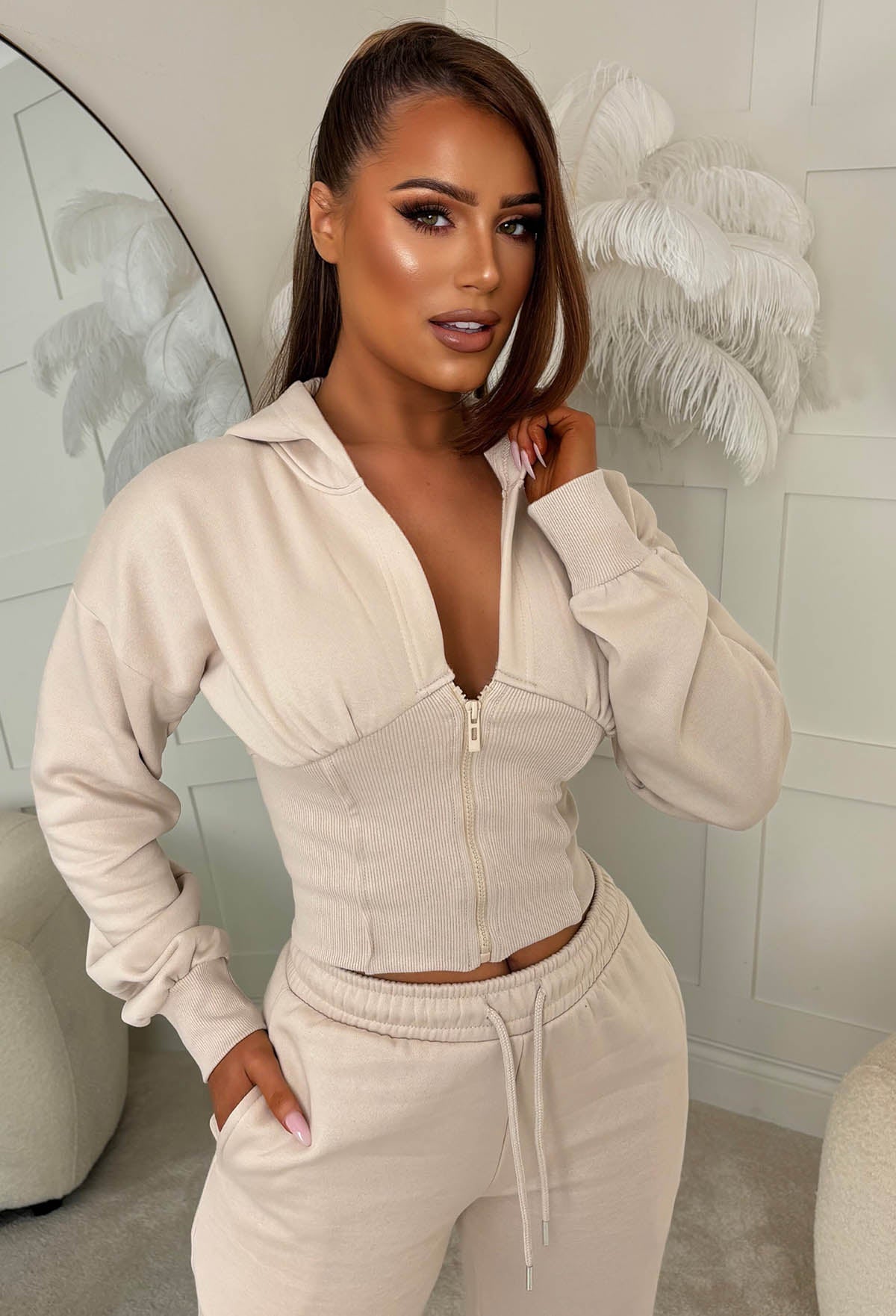 Comfy Girl Beige Cropped Zip Up Lounge Co-ord