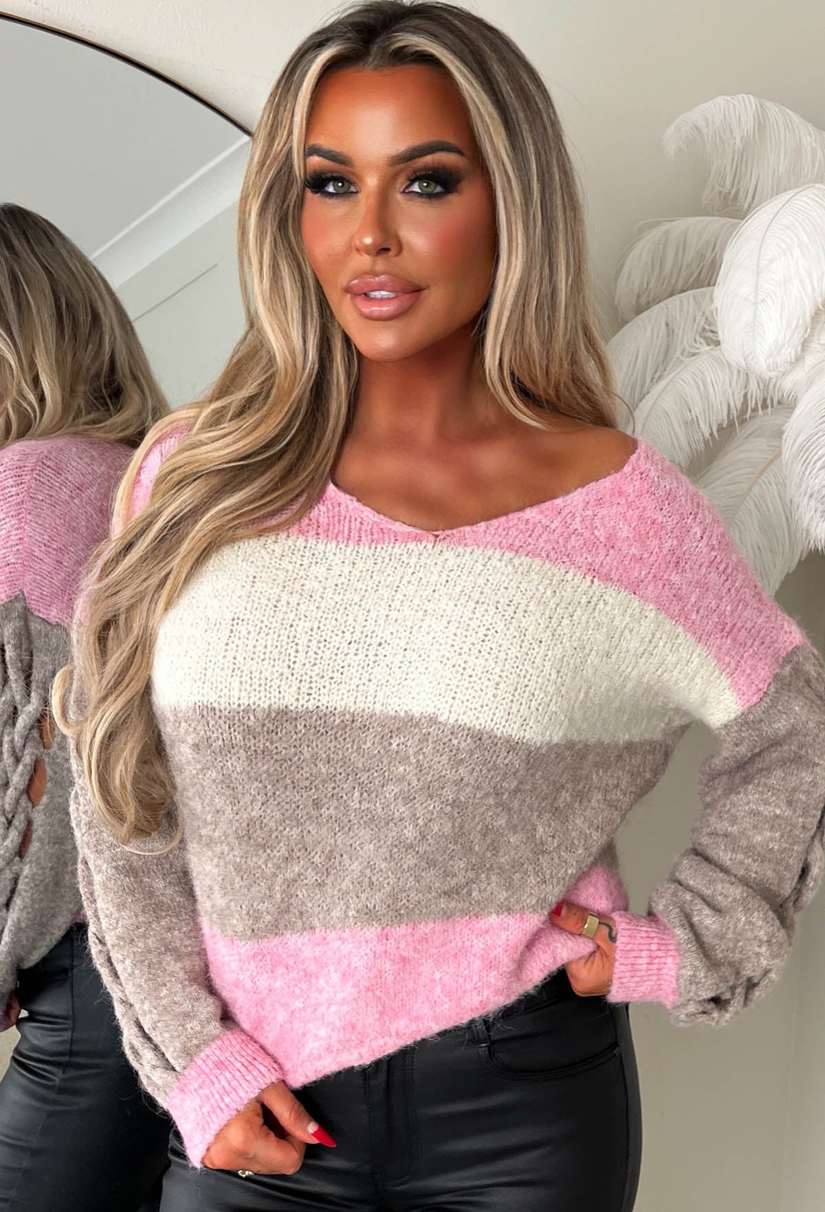 Complete Me Light Pink Stripe & Cable V Neck Jumper