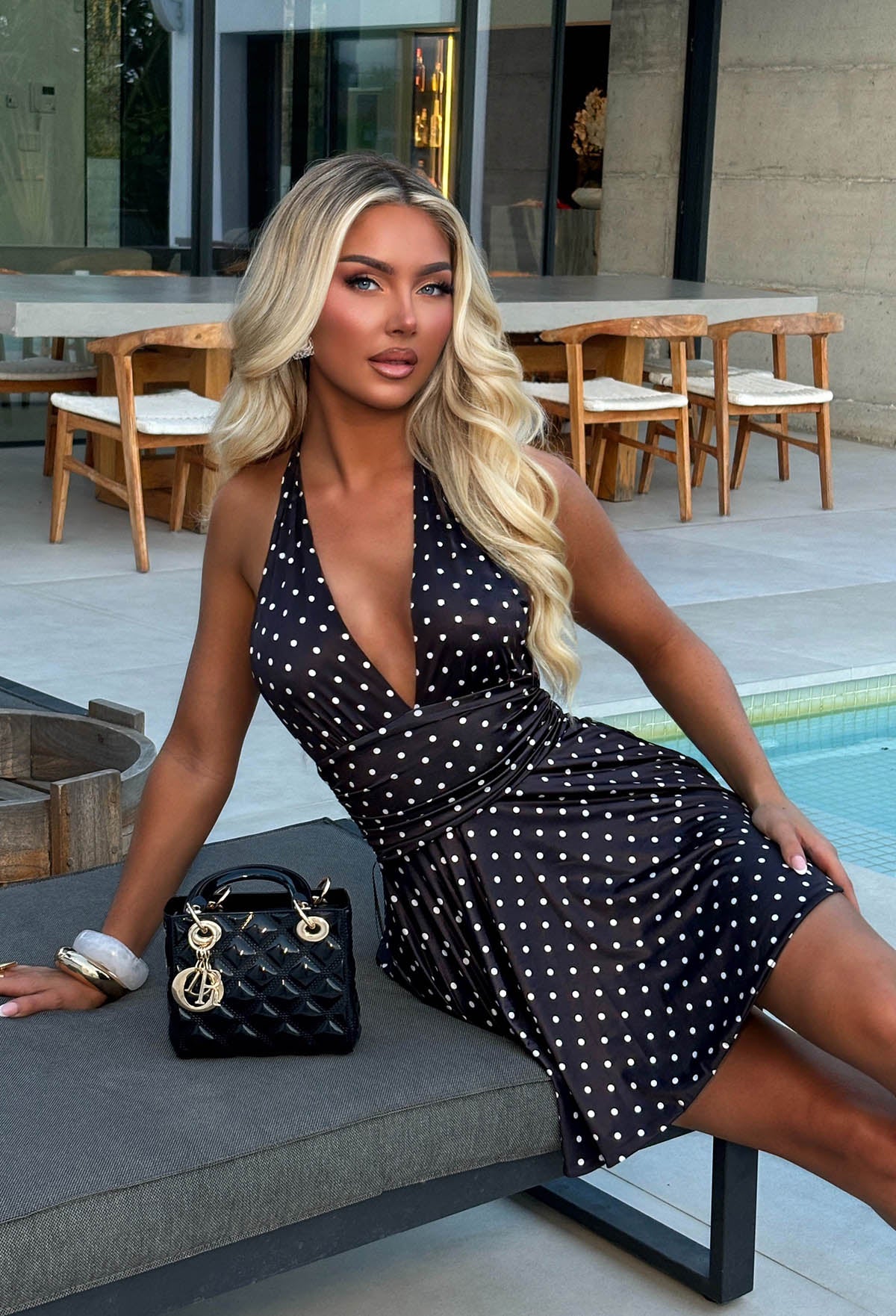 Black Polka Dot Halter Neck Mini Dress