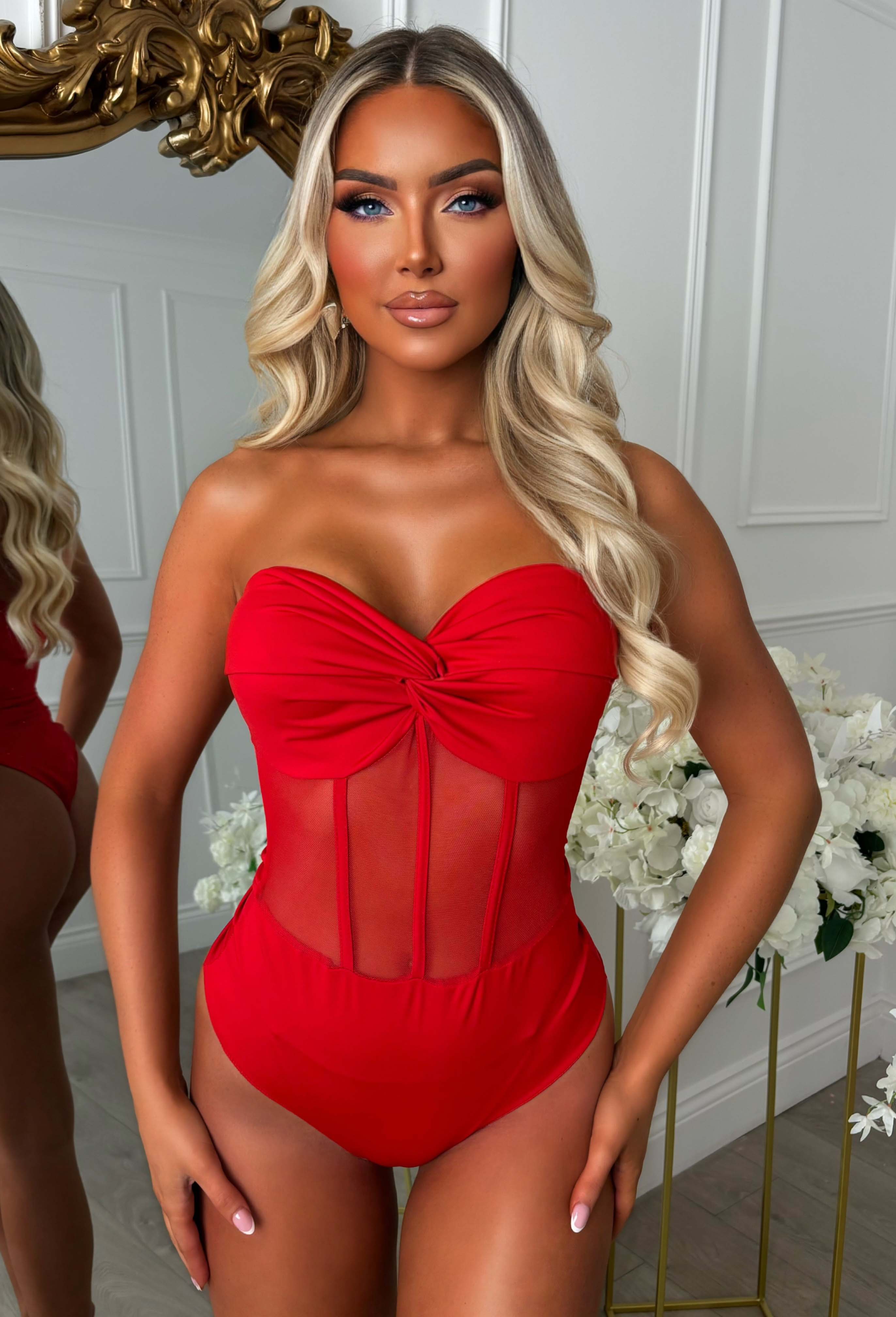 Contour Chic Red Jersey Mesh Bodysuit