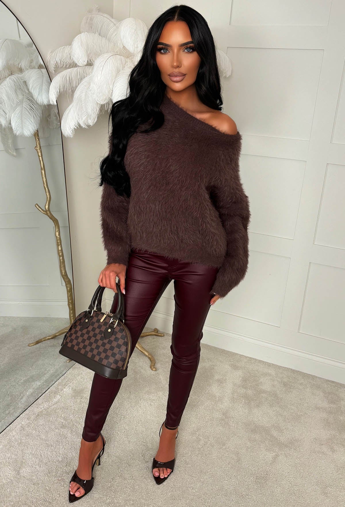 Cool & Cosy Brown Fluffy Wide Neck Jumper