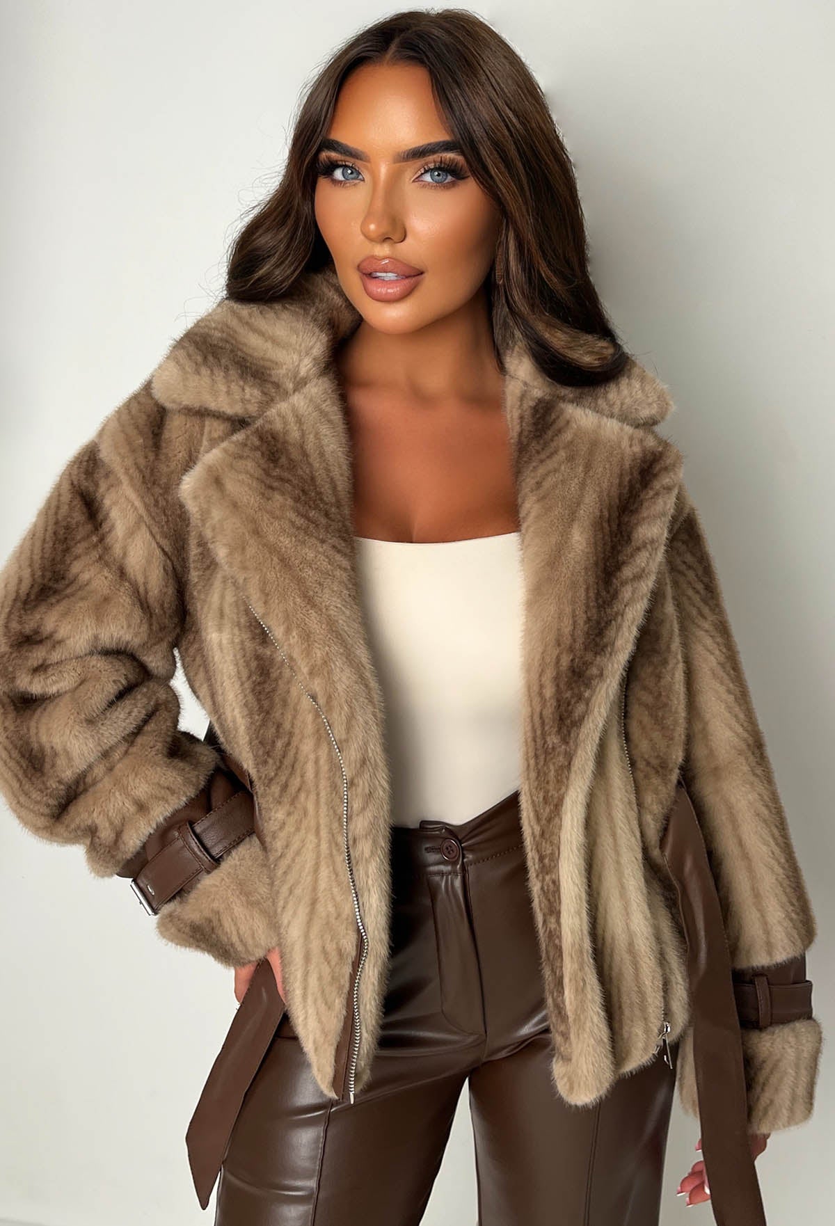 Cosy Crush Mocha Faux Fur Belted Coat