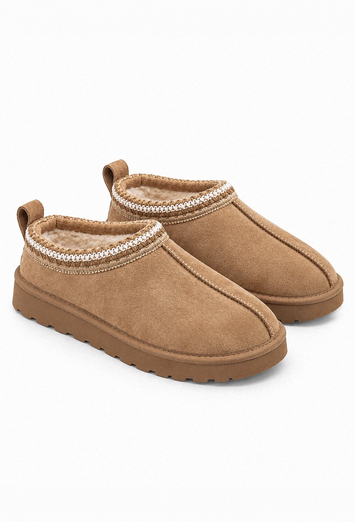 Sand faux fur lined boot with green Aztec trim, round toe and chunky sole in a cosy slip-on style.