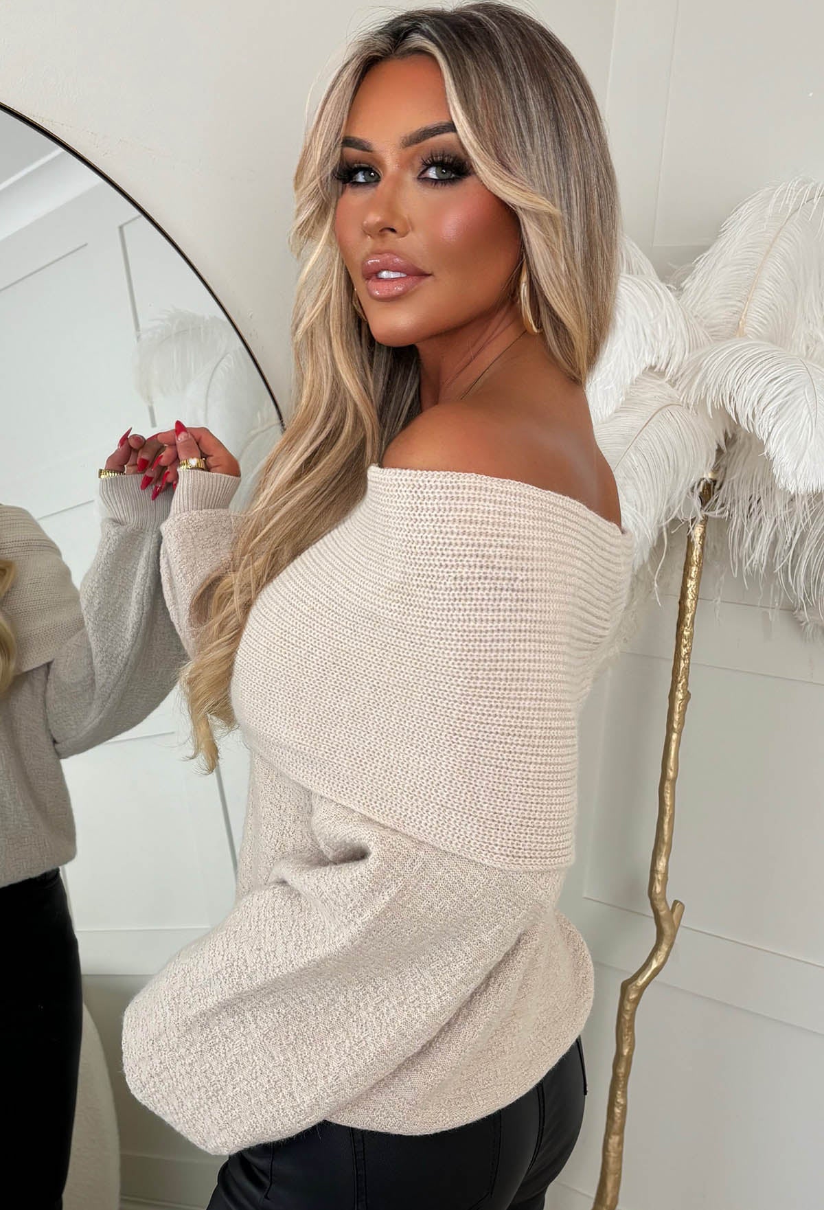 Cosy Girlie Beige Bardot Foldover Knitted Jumper