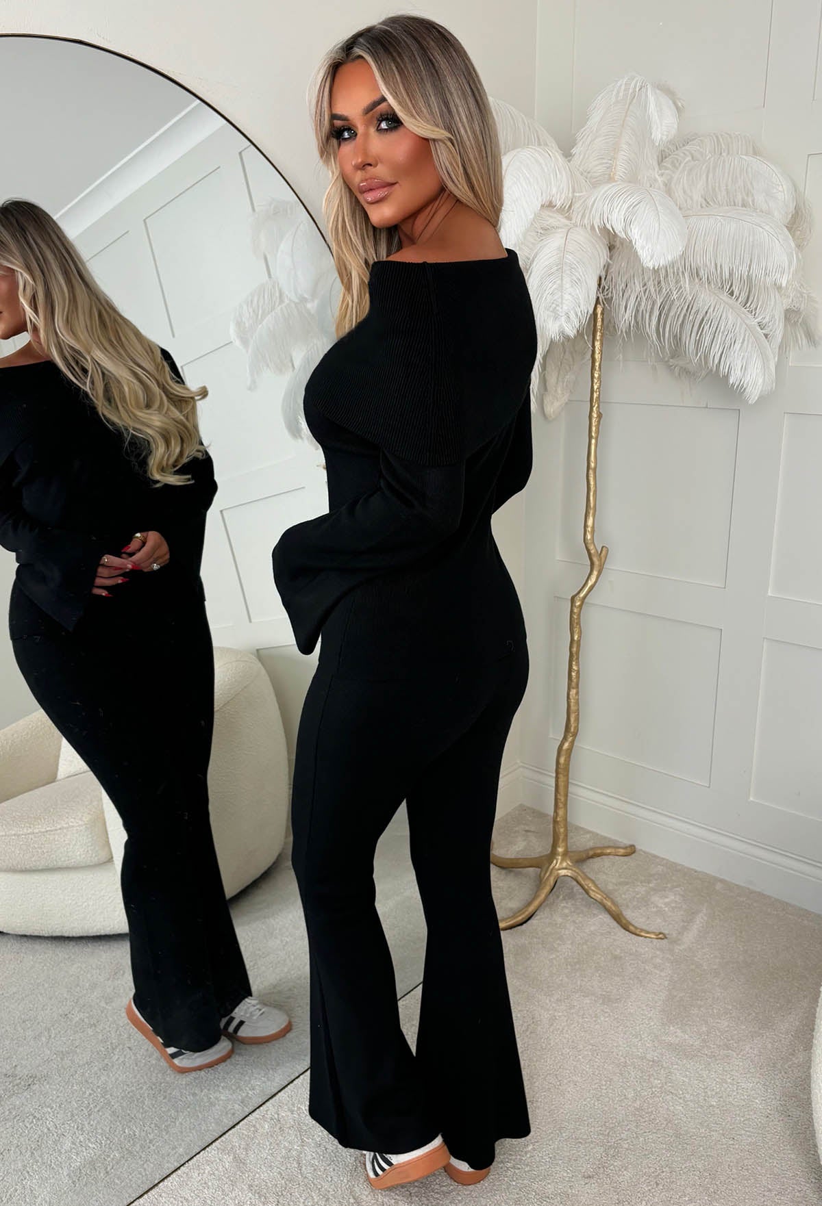 Cosy In The City Black Bardot Knit Top & Flare Trouser Set