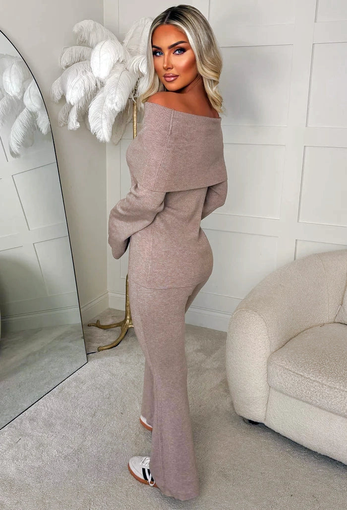 Cosy In The City Taupe Bardot Knit Top & Flare Trouser Set