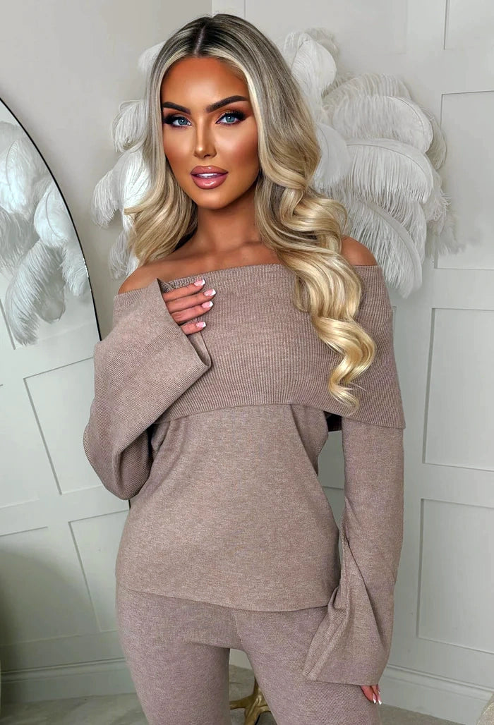 Cosy In The City Taupe Bardot Knit Top & Flare Trouser Set