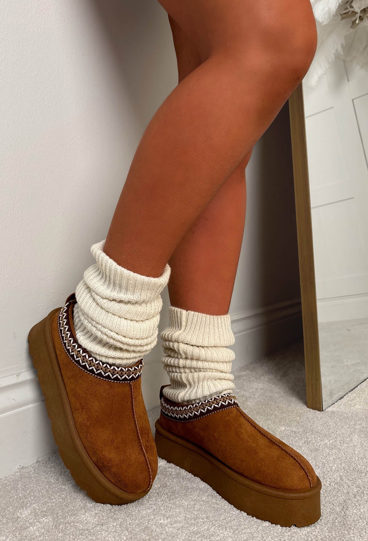 Cosy Luxury Tan Aztec Trim Faux Fur Lined Platform Boots