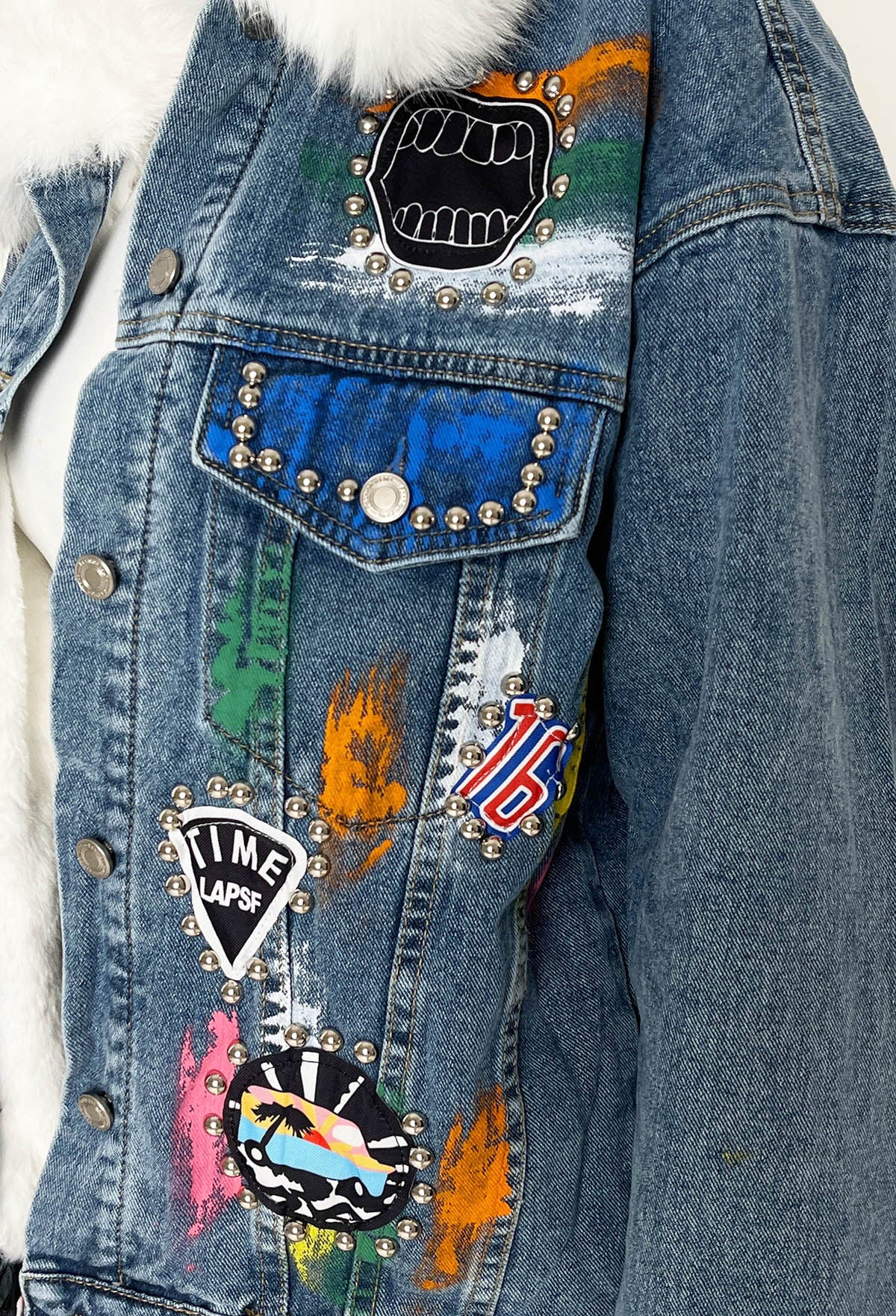 Cosy Up Mid Wash Embellished Denim Jacket Removable Borg Lining