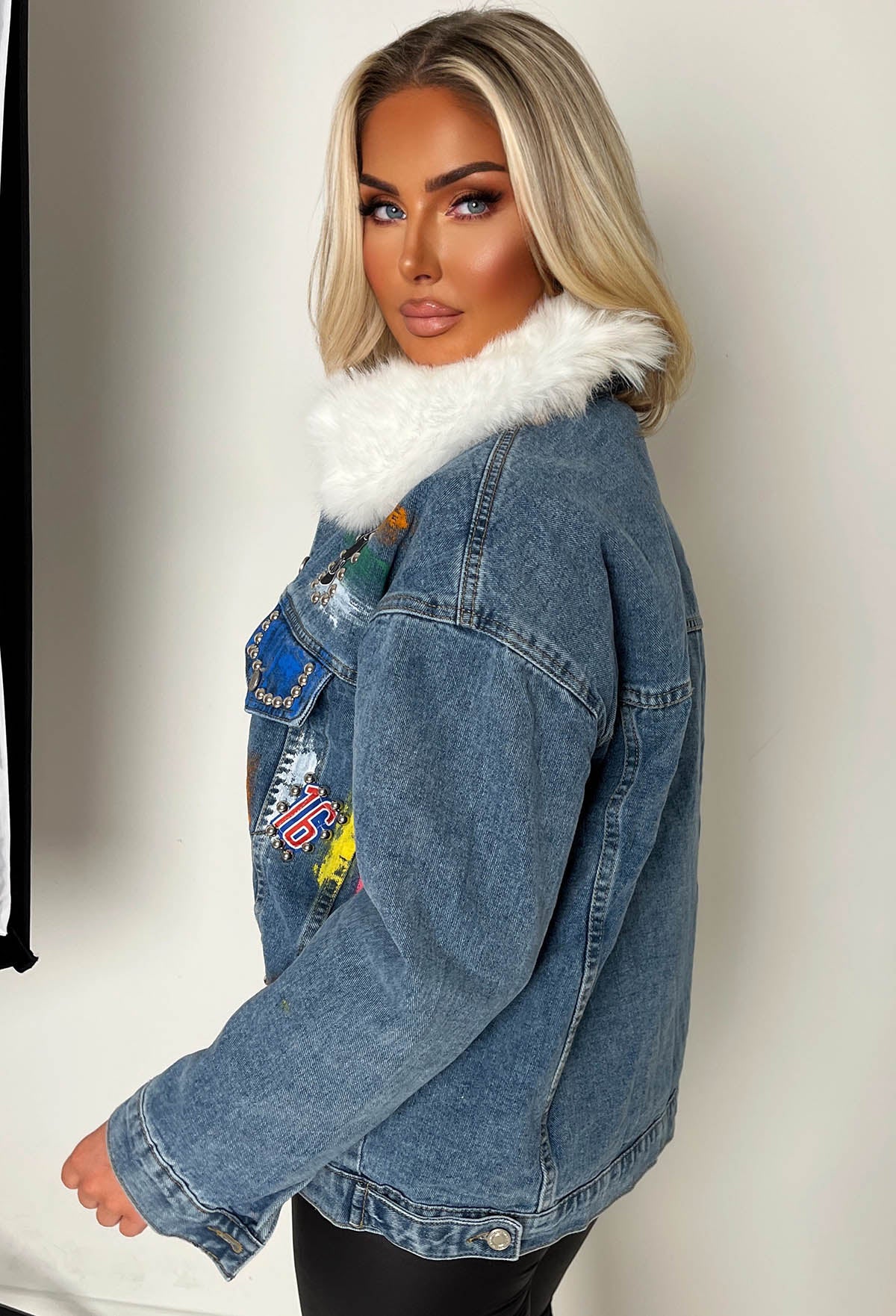 Cosy Up Mid Wash Embellished Denim Jacket Removable Borg Lining