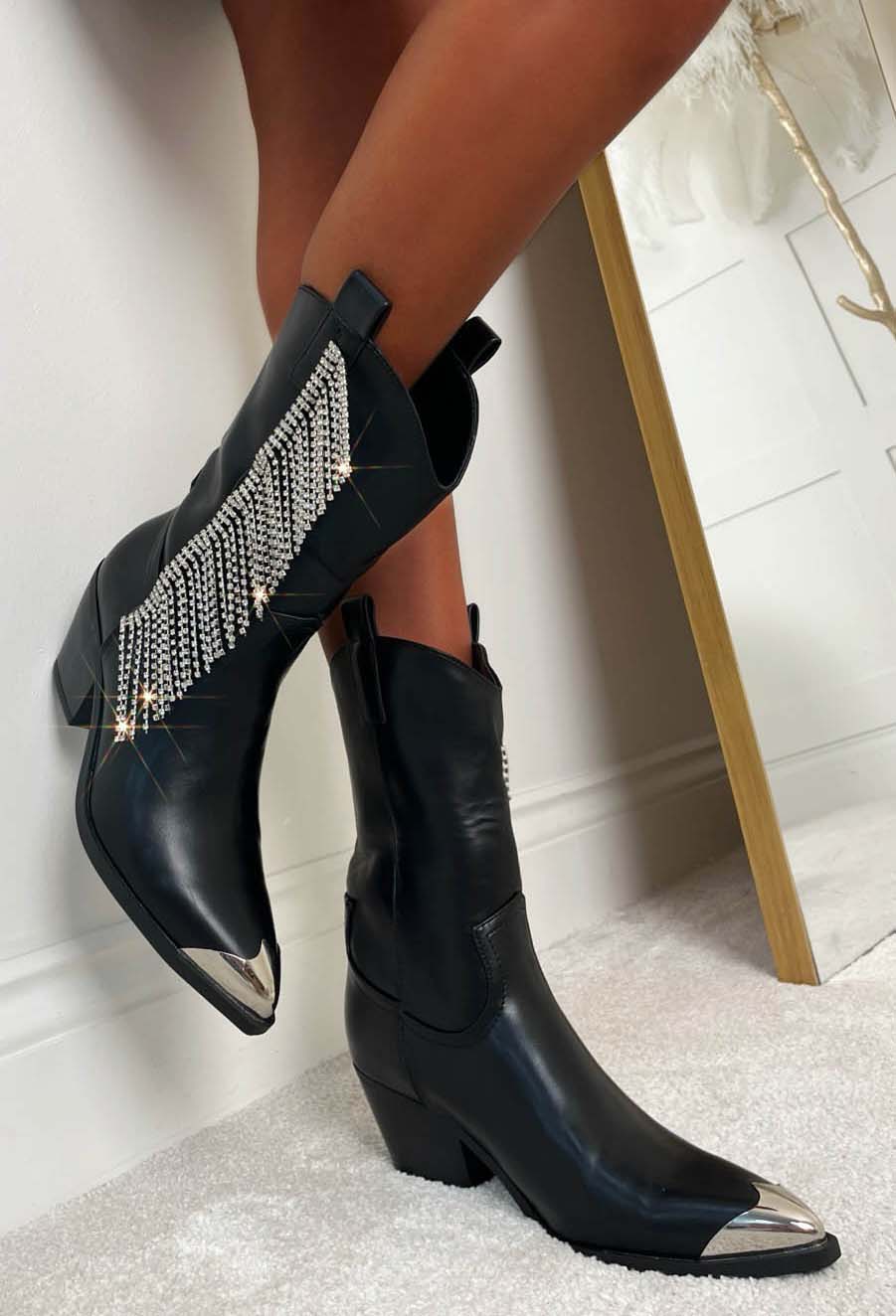 Cowboy Thrills Black Diamante Tassel Cowboy Boot