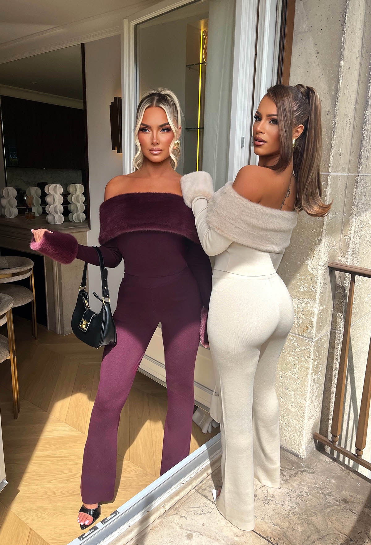 Crimson Allure Burgundy Faux Fur Bardot Jumper With Knitted Trouser Co-ord Set