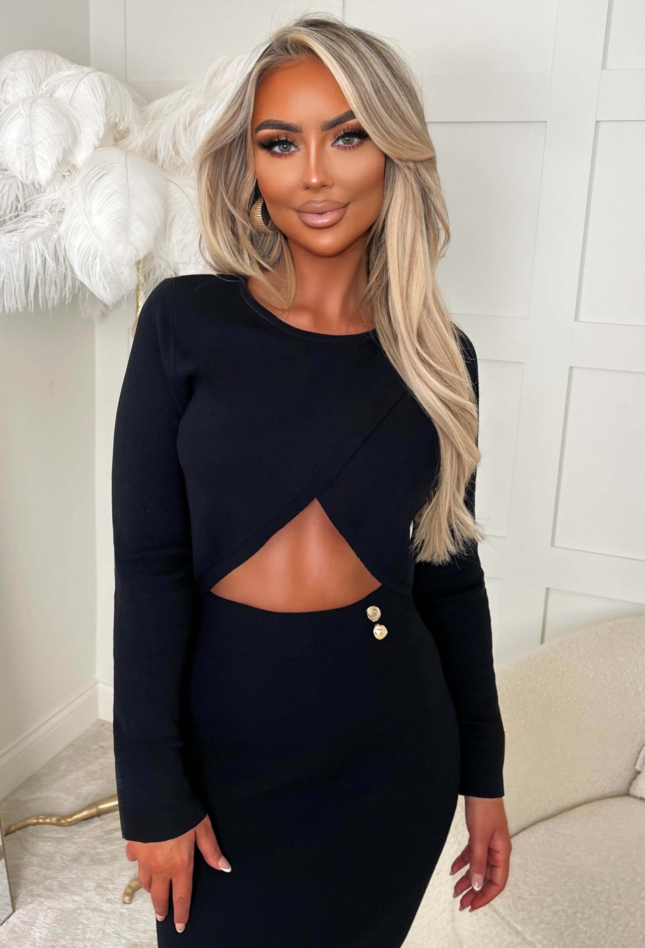 Crimson Blush Black Wrap Button Detail Knitted Midi Skirt Co-ord Set