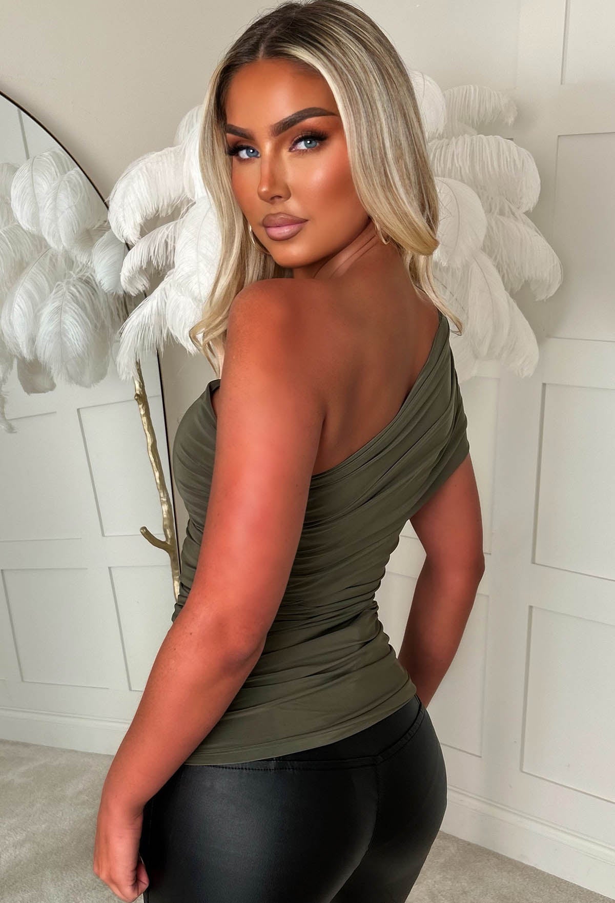 Crush Hour Khaki One Shoulder Ruched Top