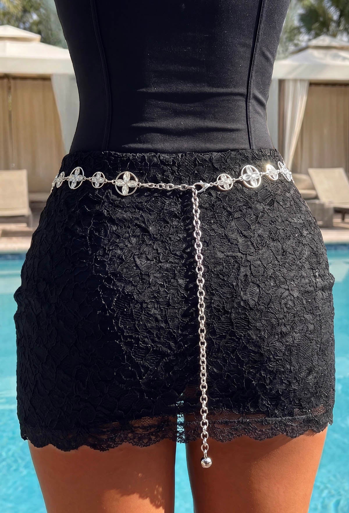 Silver Floral Gem Embellished Chain Belt Detail Back 