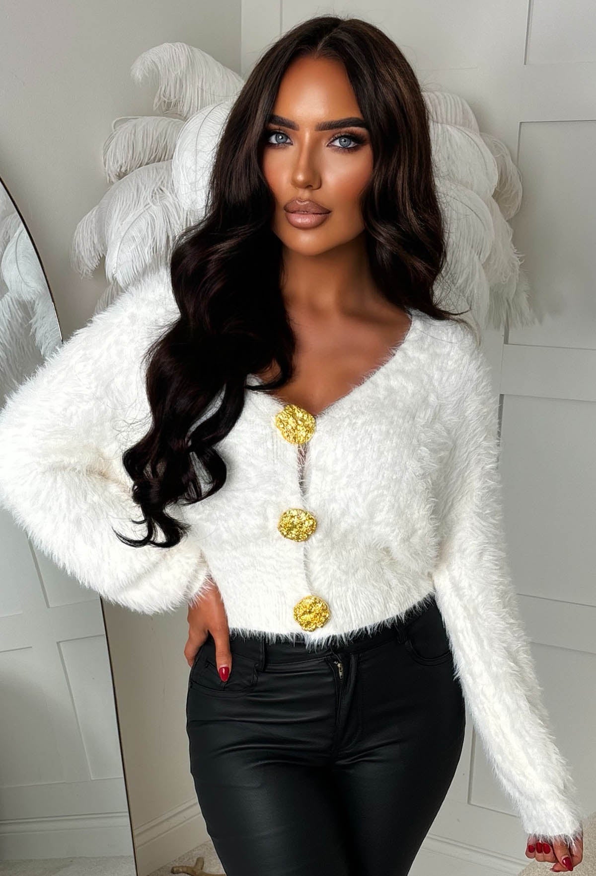 Cuddle Up Cream Fluffy Gold Button Cardigan