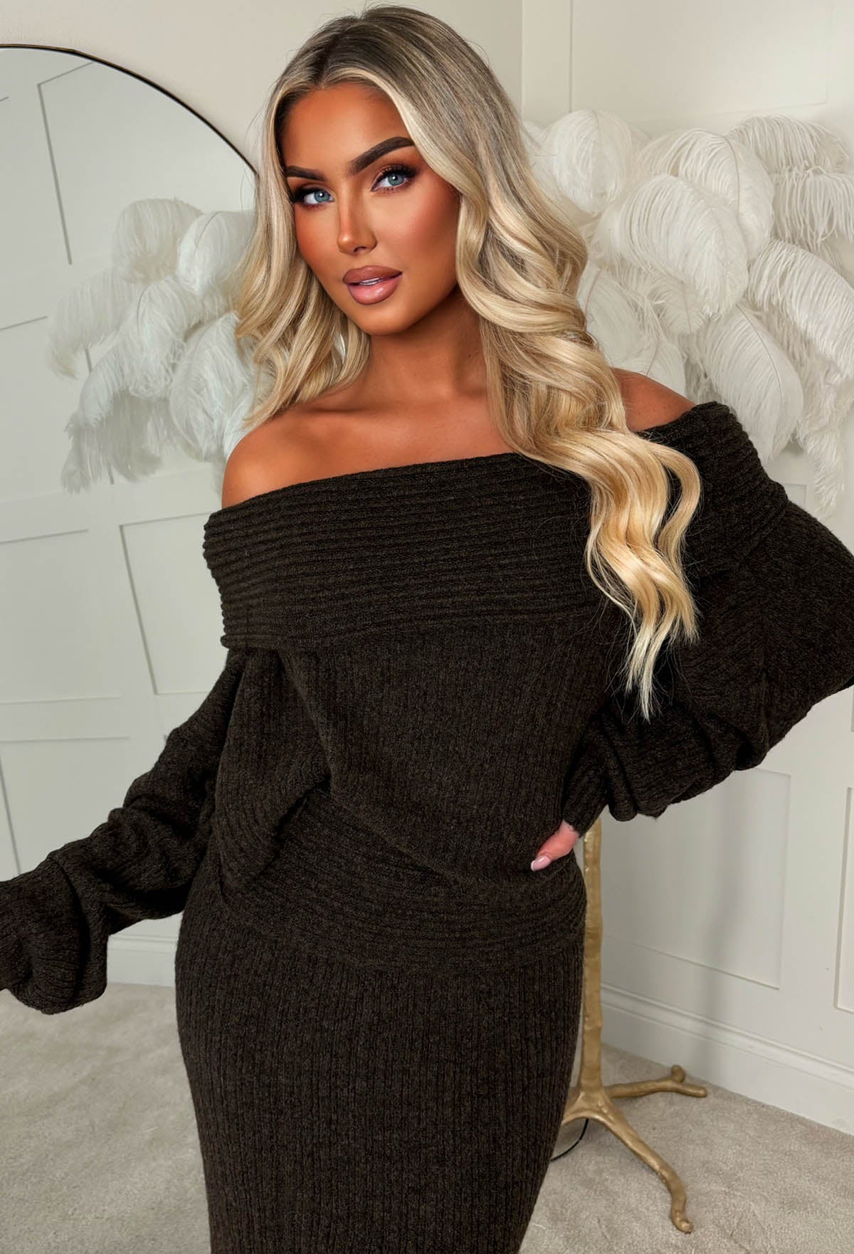 Cute As Always Brown Knitted Bardot Jumper