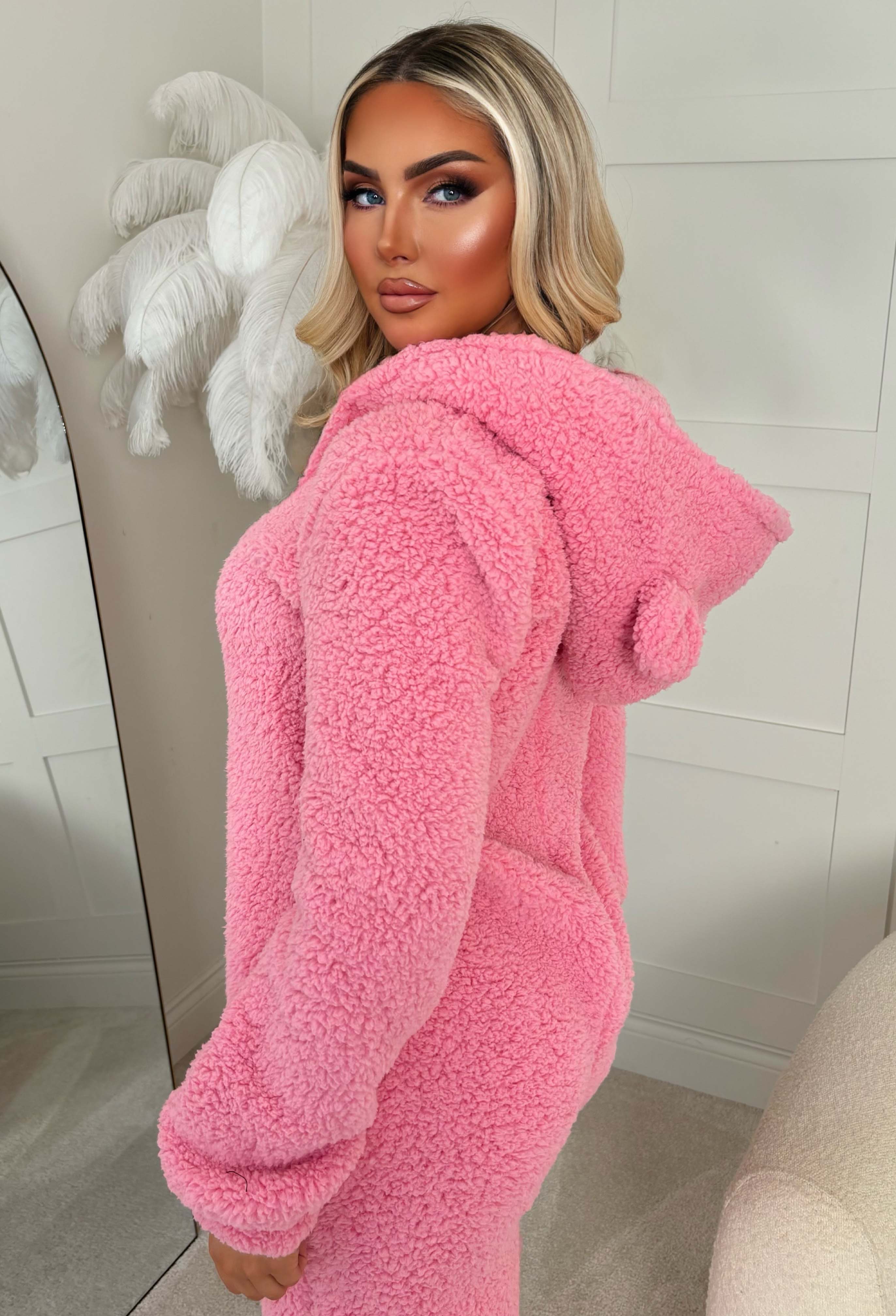 Cute Cuddly Hot Pink Teddy Bear Hooded Zip Up Onesie Pink Boutique