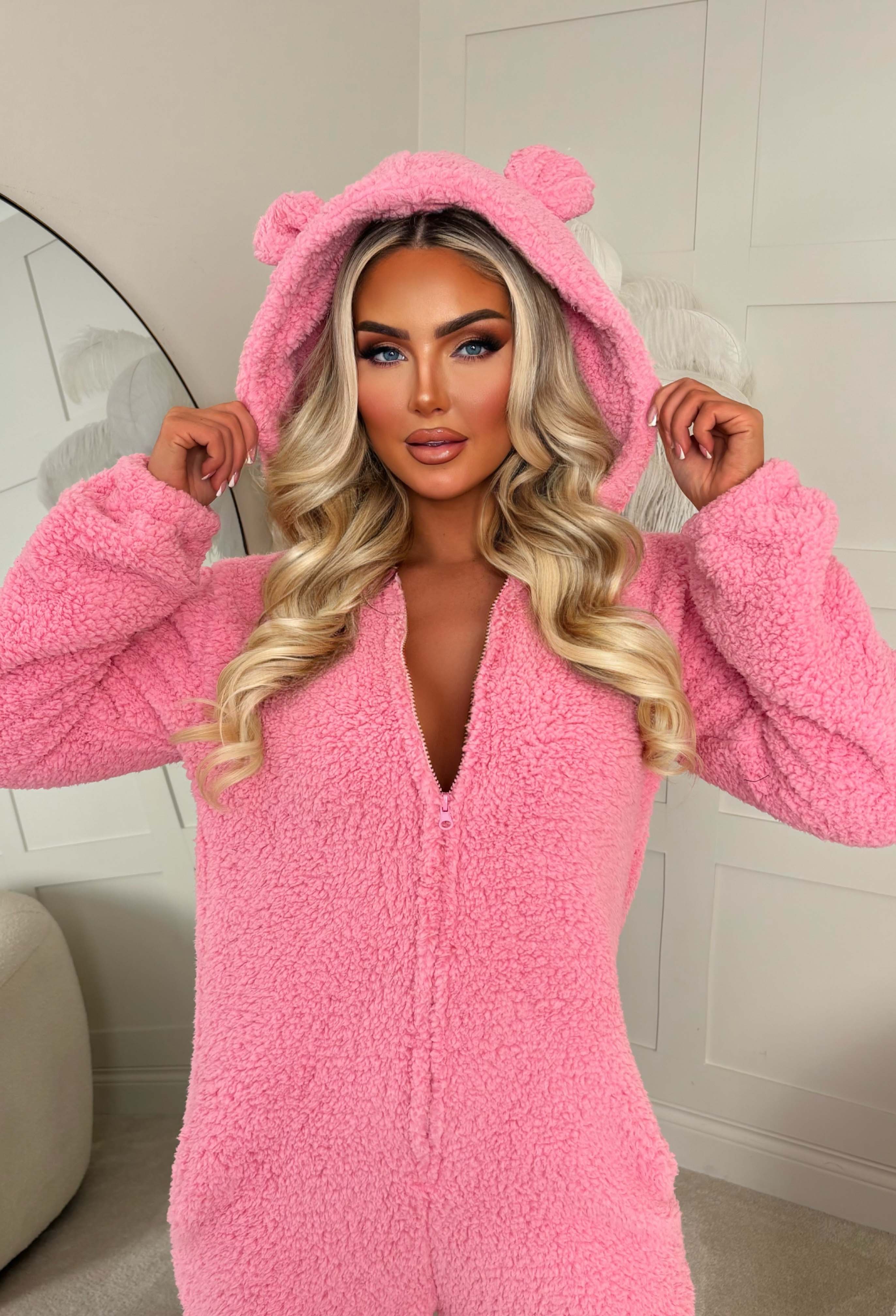 Cute & Cuddly Hot Pink Teddy Bear Hooded Zip Up Onesie