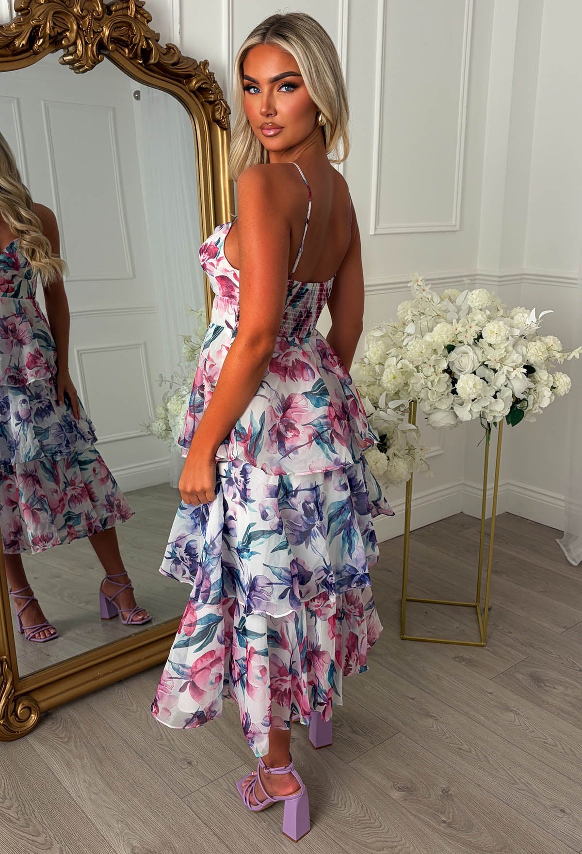 Daisy Kiss Purple Floral Ruffle Midi Dress