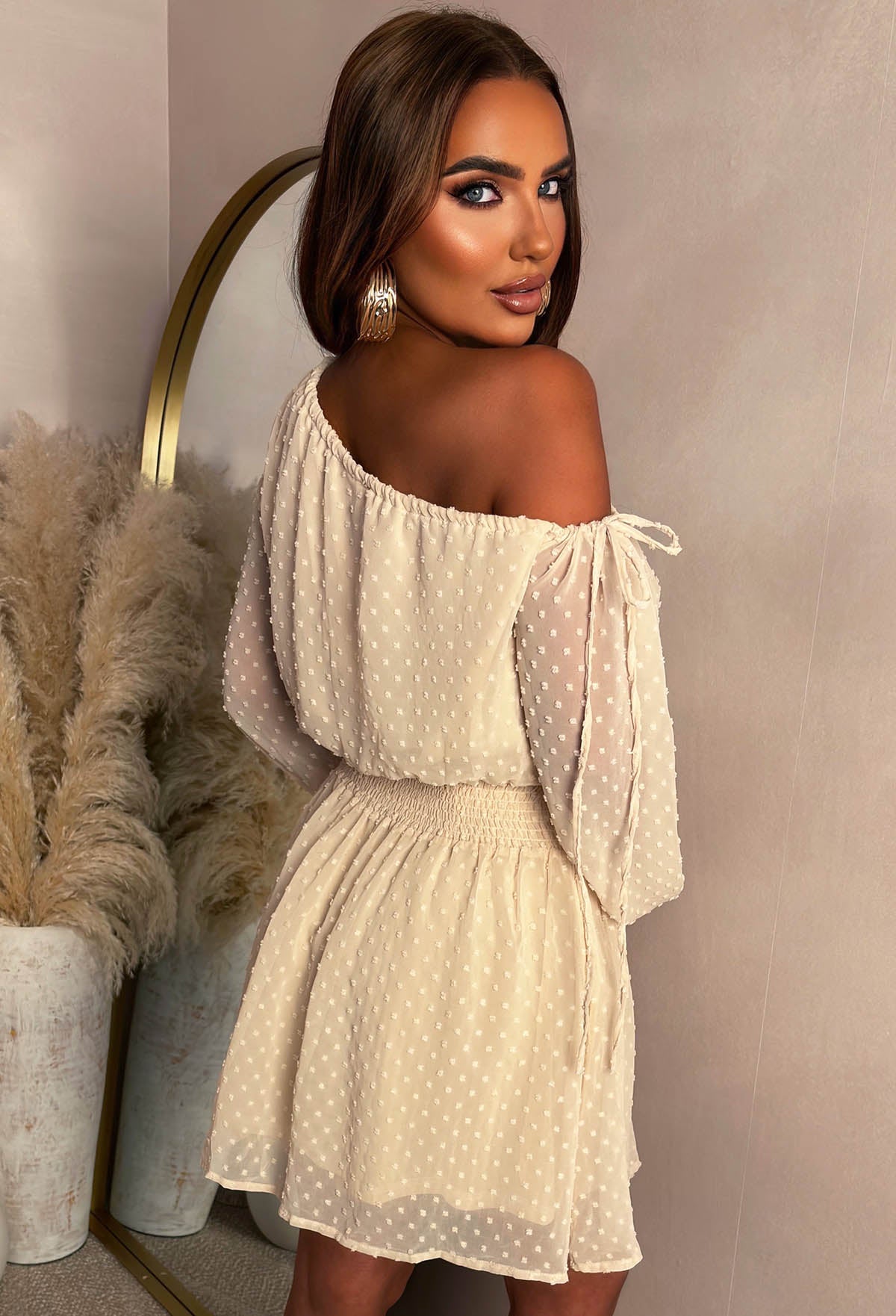 Damsel Cream Dobby Spot Off The Shoulder Dress