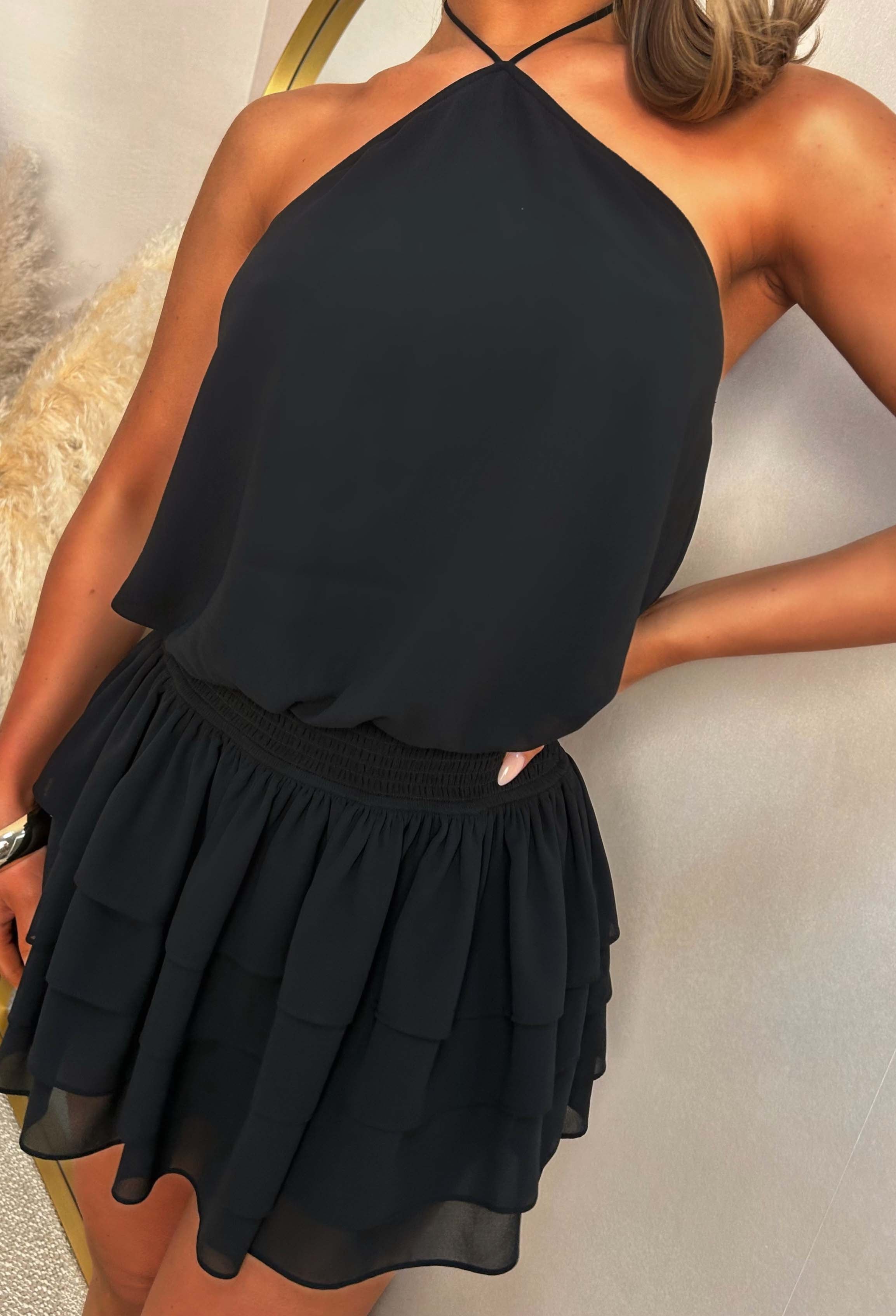Dangerously Divine Black Frill Halter Mini Dress | Pink Boutique