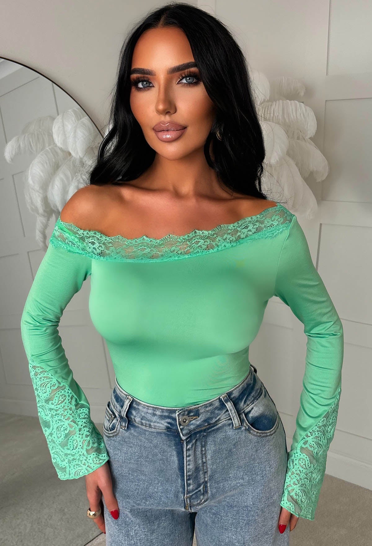 Dare To Dream Aqua Lace Asymmetrical Neck Flared Sleeve Top