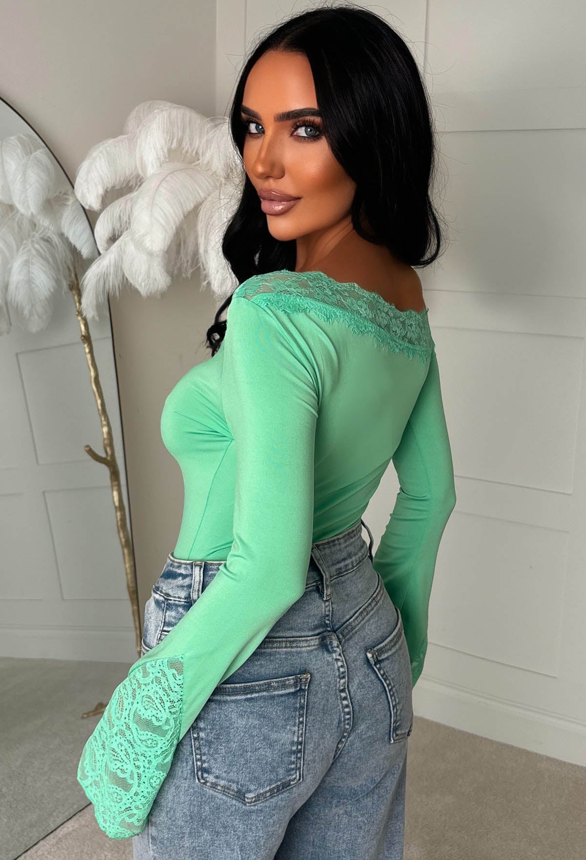 Dare To Dream Aqua Lace Asymmetrical Neck Flared Sleeve Top