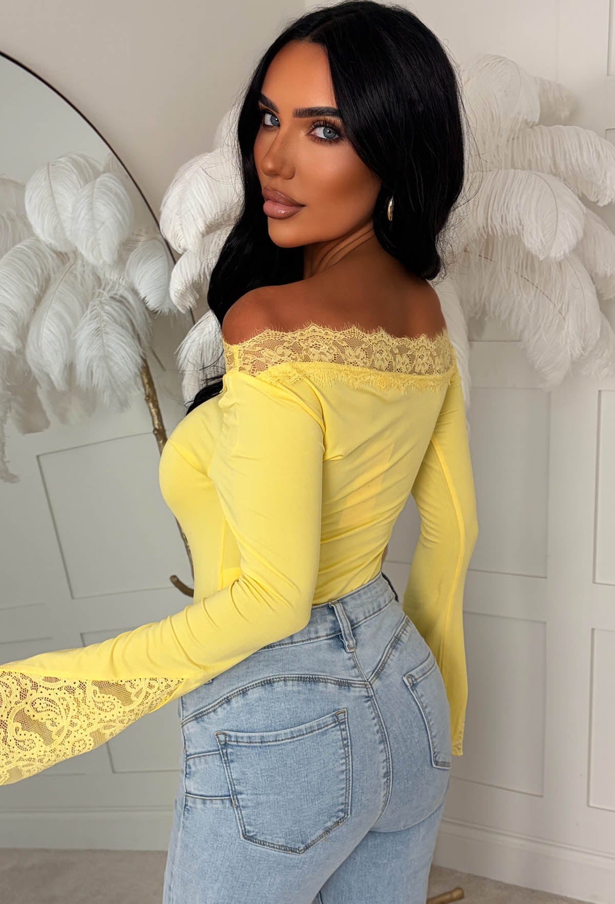 Dare To Dream Yellow Lace Asymmetrical Neck Flared Sleeve Top