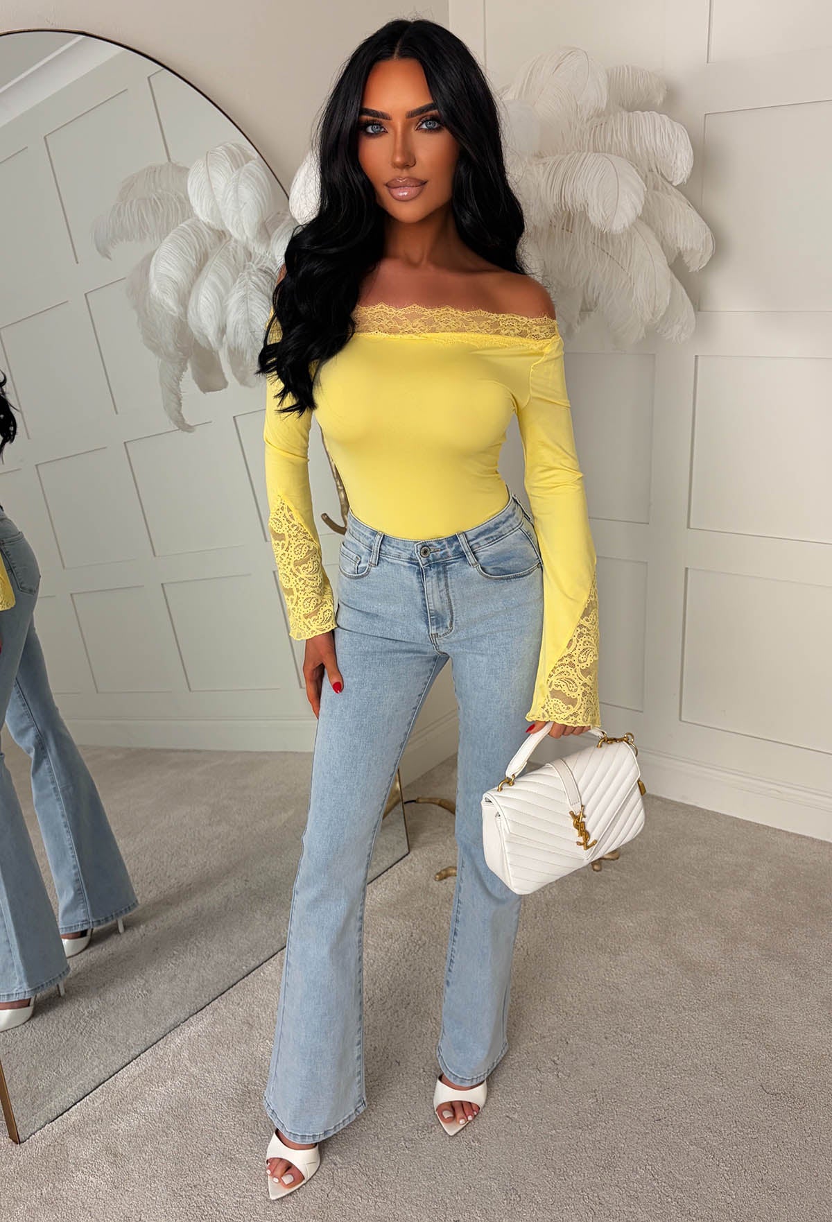 Dare To Dream Yellow Lace Asymmetrical Neck Flared Sleeve Top