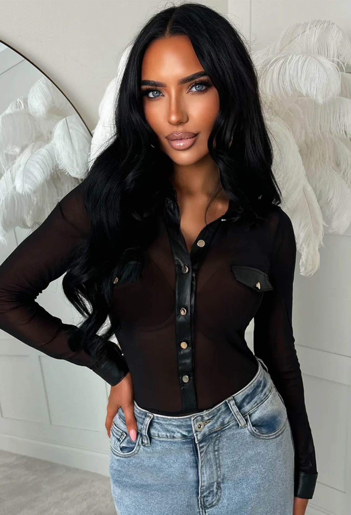 Dark Desire Black Sheer Mesh Faux Leather Trim Bodysuit