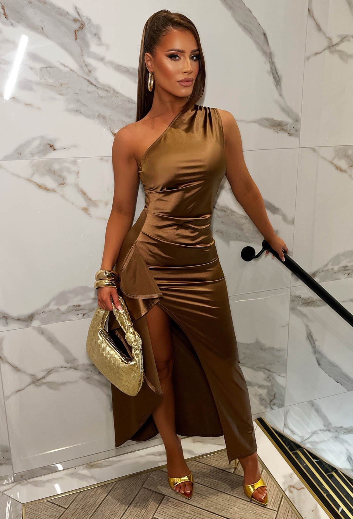 Darling Damsel Mocha Satin One Shoulder Frill Midi Dress | Pink