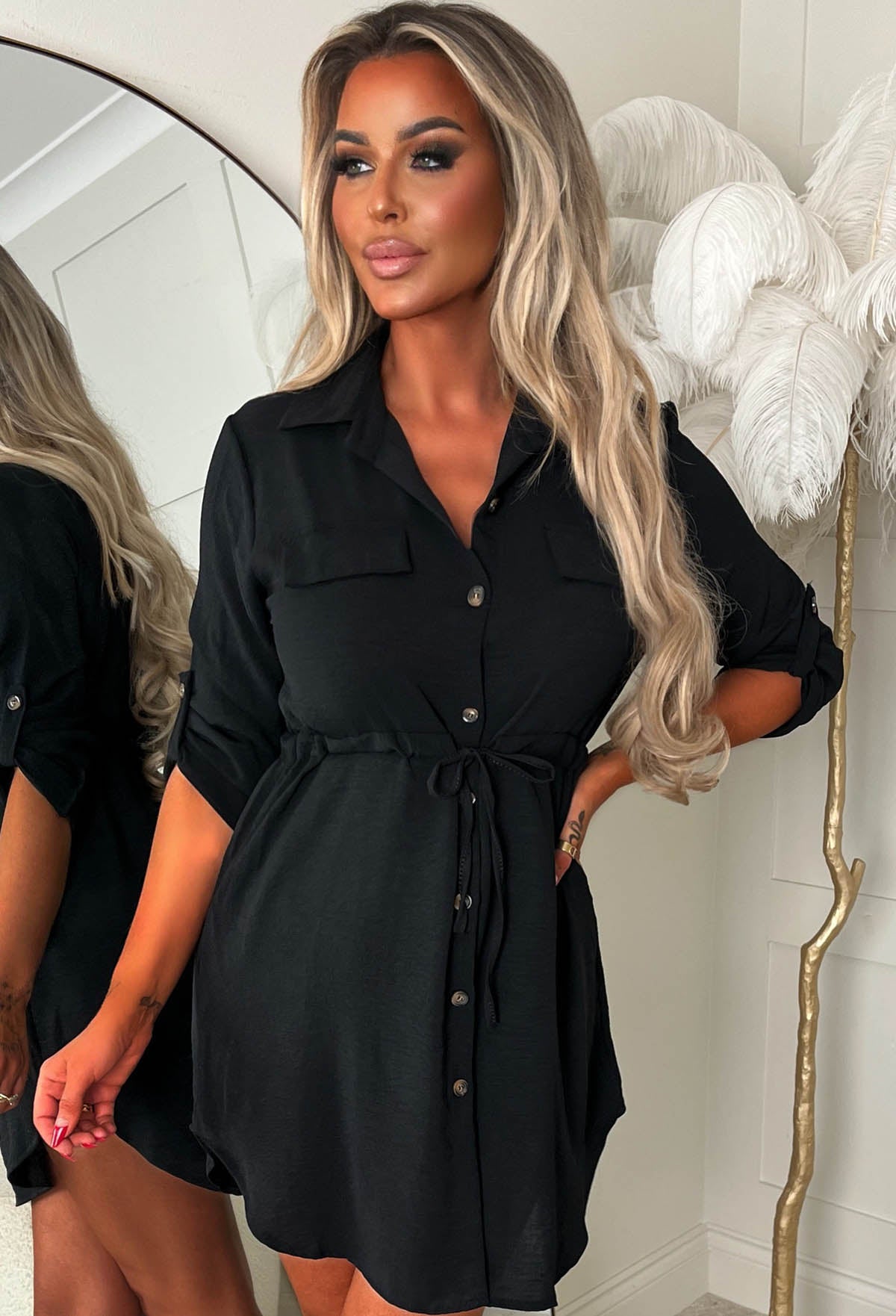 Darling Delight Black Tie Front Shirt Dress
