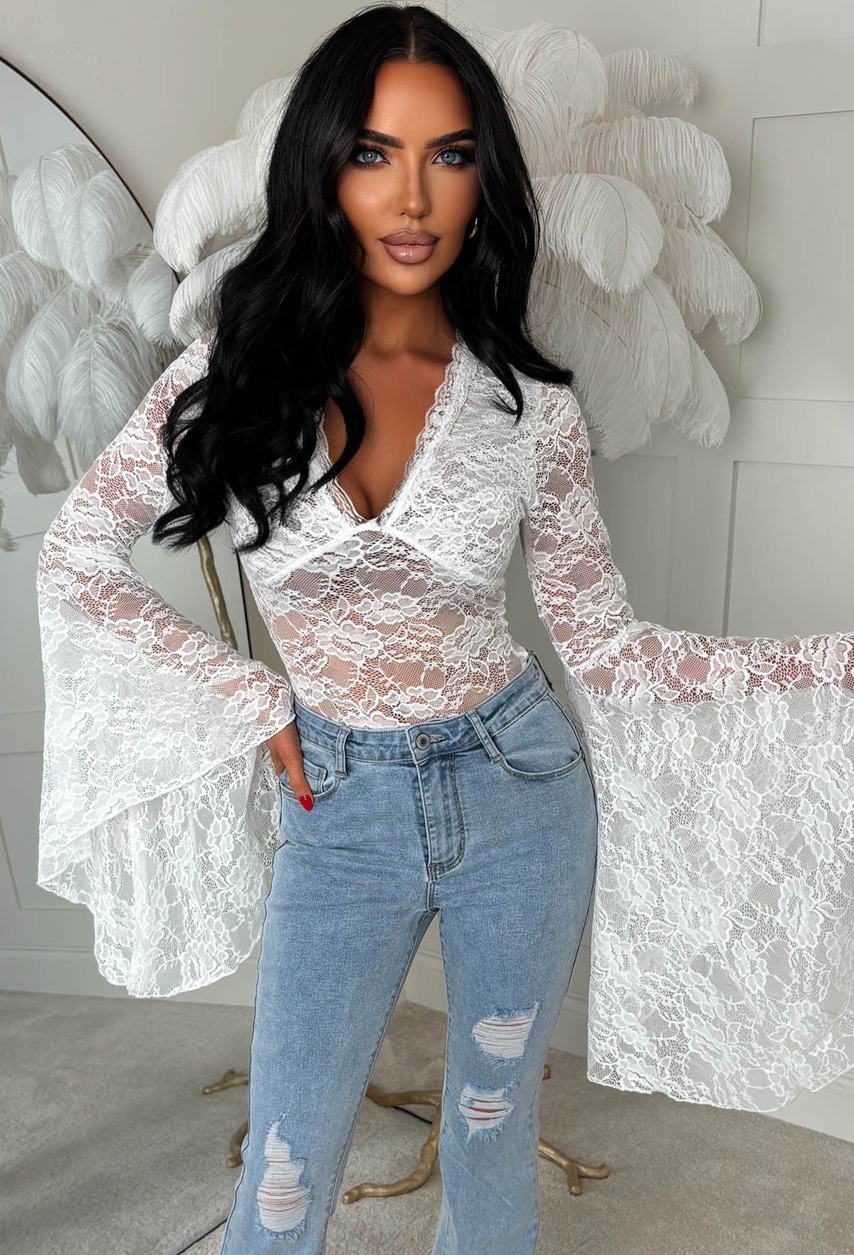 Darling Divinity White Lace Dramatic Flare Sleeve Top | Pink Boutique