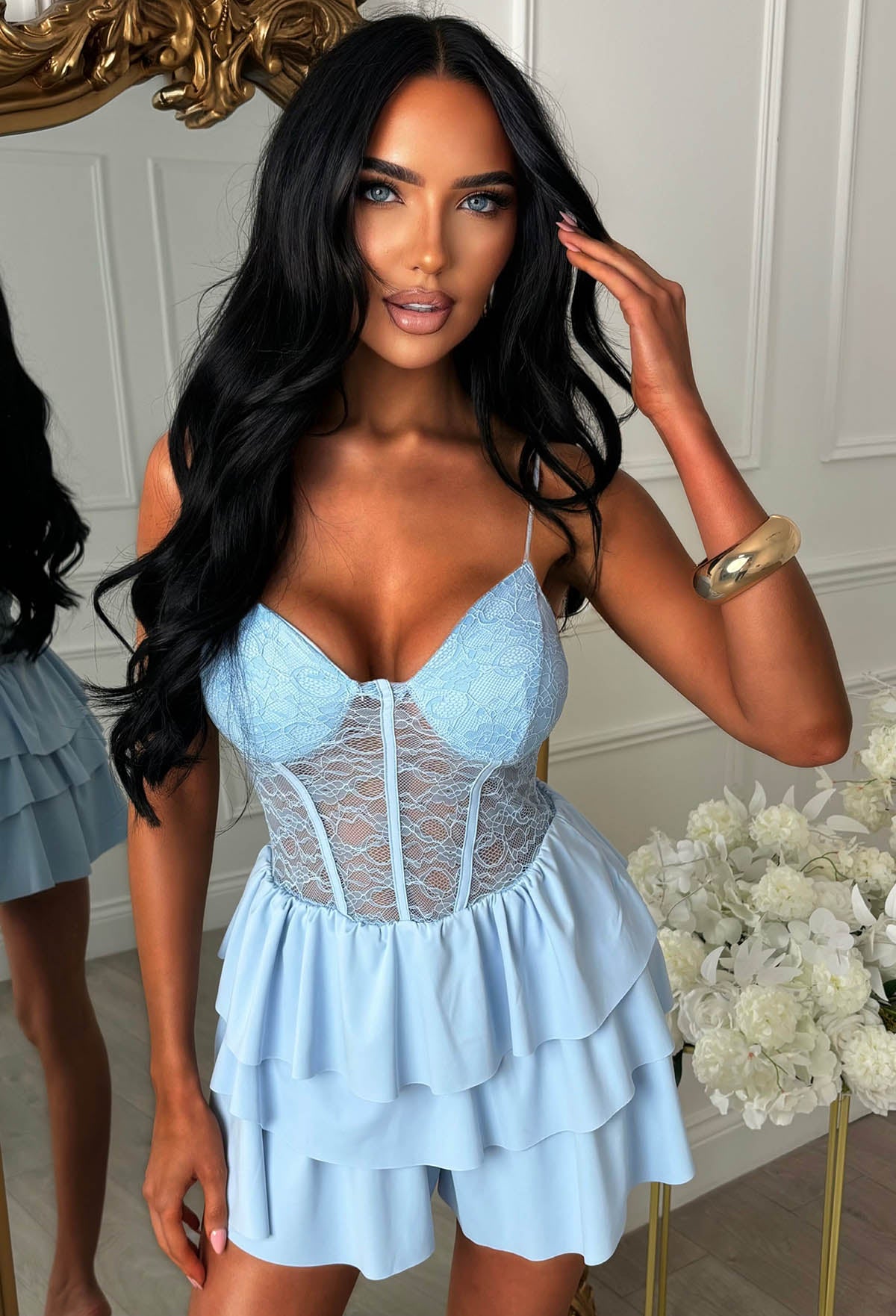 Darling Muse Blue Lace Mini Playsuit | Pink Boutique