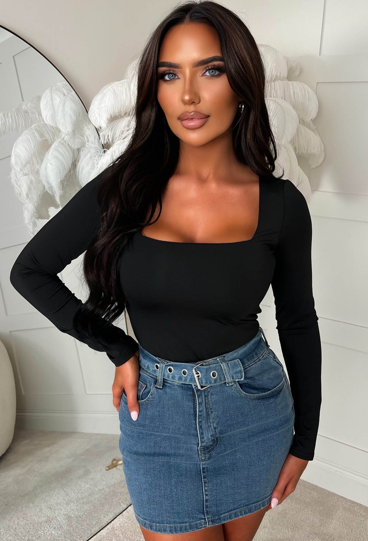 Denim Dates Mid Blue Stretch Denim Belted Mini Skirt