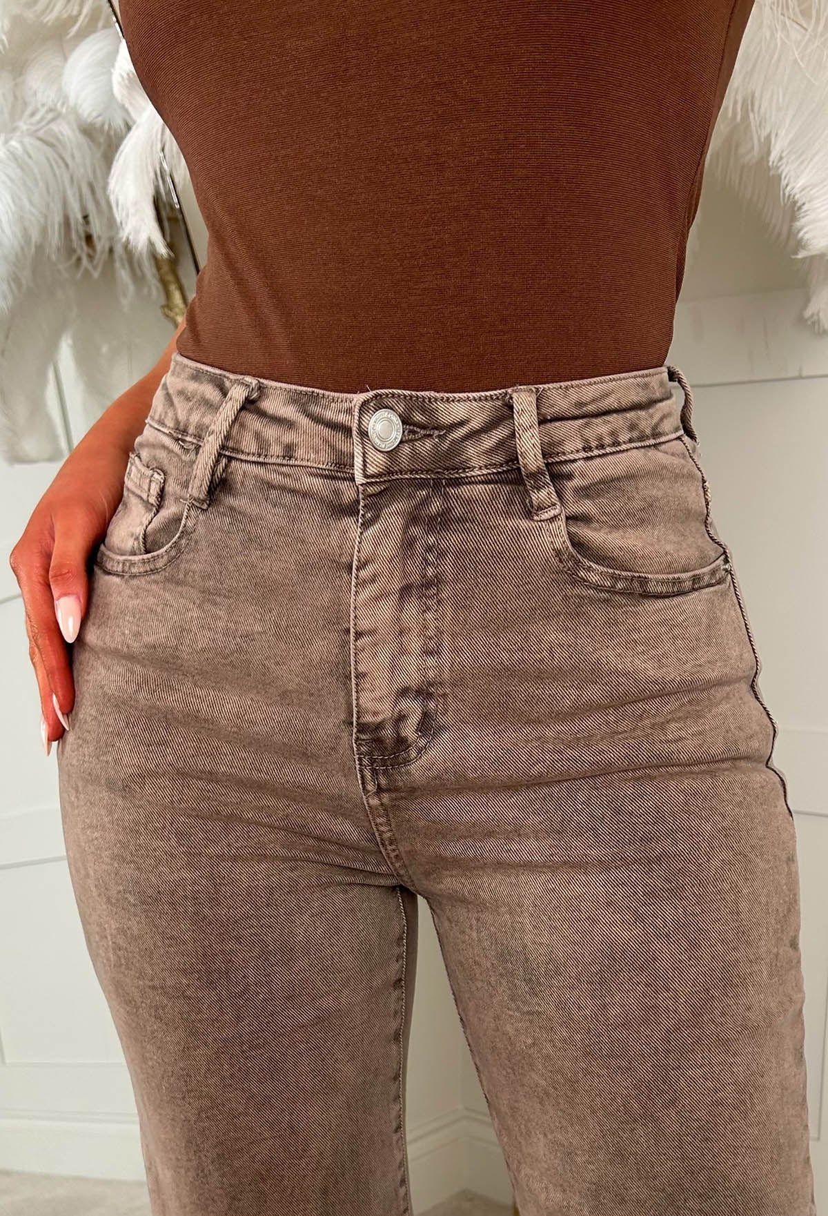 Denim Design Brown Stretch Wide Leg Washed Jean