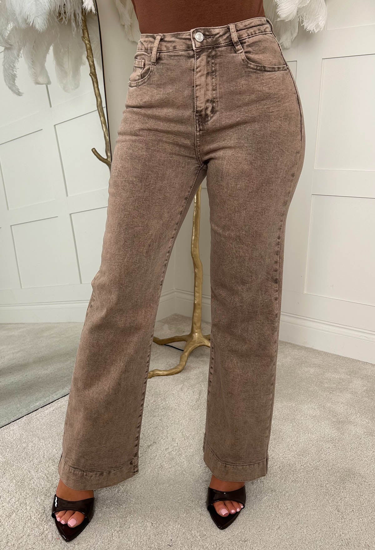 Denim Design Brown Stretch Wide Leg Washed Jean