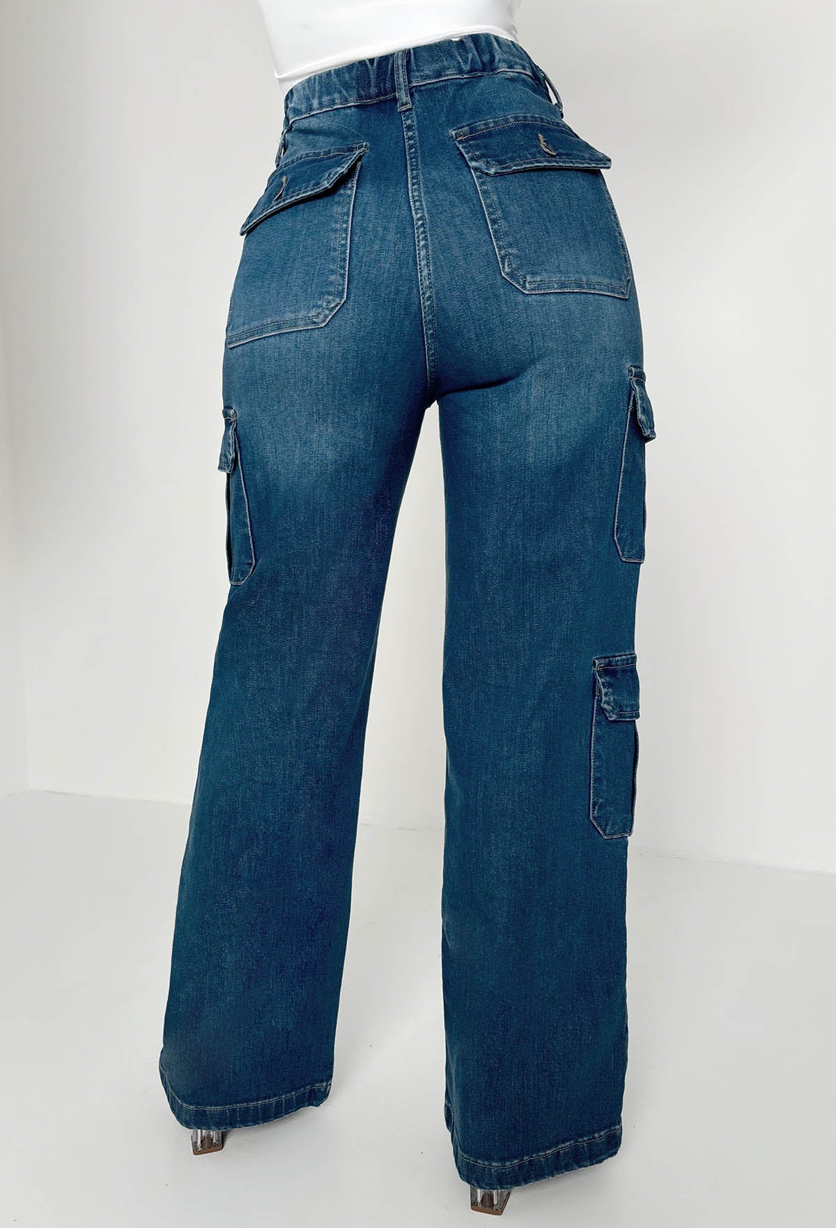 Denim Revolution Dark Wash Cargo Denim Wide Leg Jeans