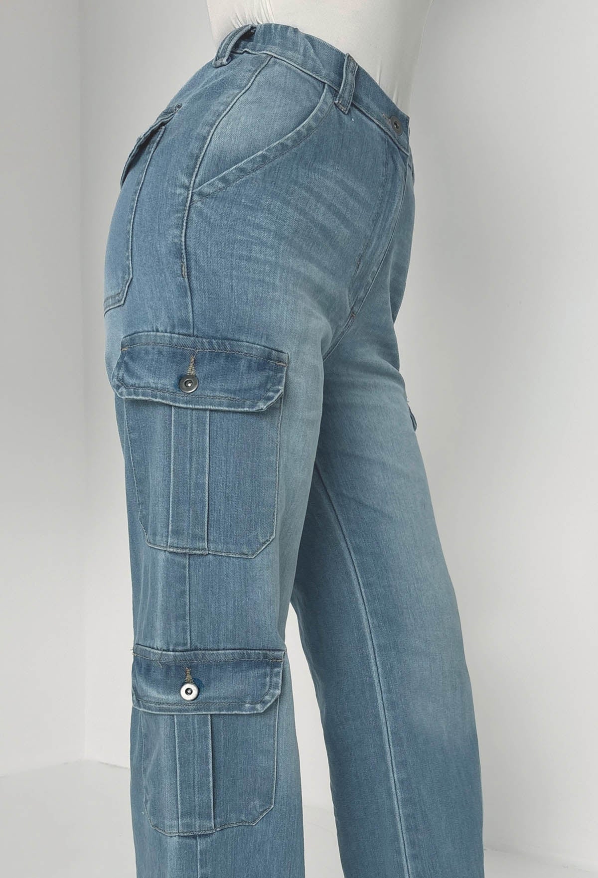 Denim Revolution Mid Blue Cargo Denim Wide Leg Stretch Jeans