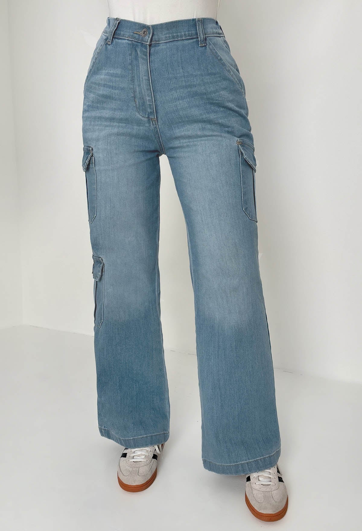Denim Revolution Mid Blue Cargo Denim Wide Leg Stretch Jeans