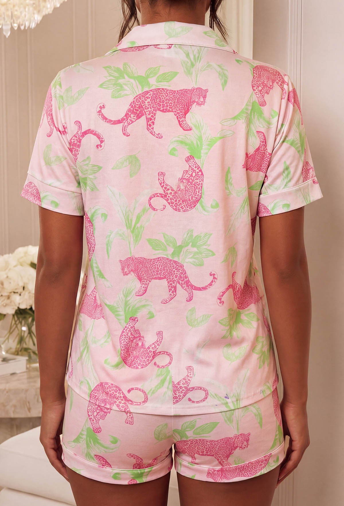 Light Pink Animal Print Short Sleeve Pyjama Set Close Up Back View Print Detail 