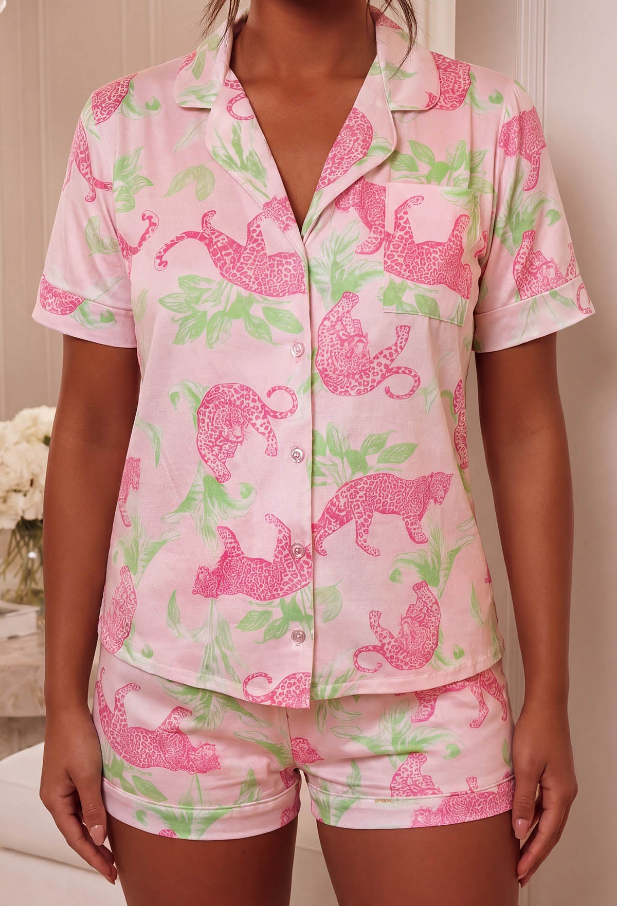 Light Pink Animal Print Short Sleeve Pyjama Set Close Up Front View Print Detail 