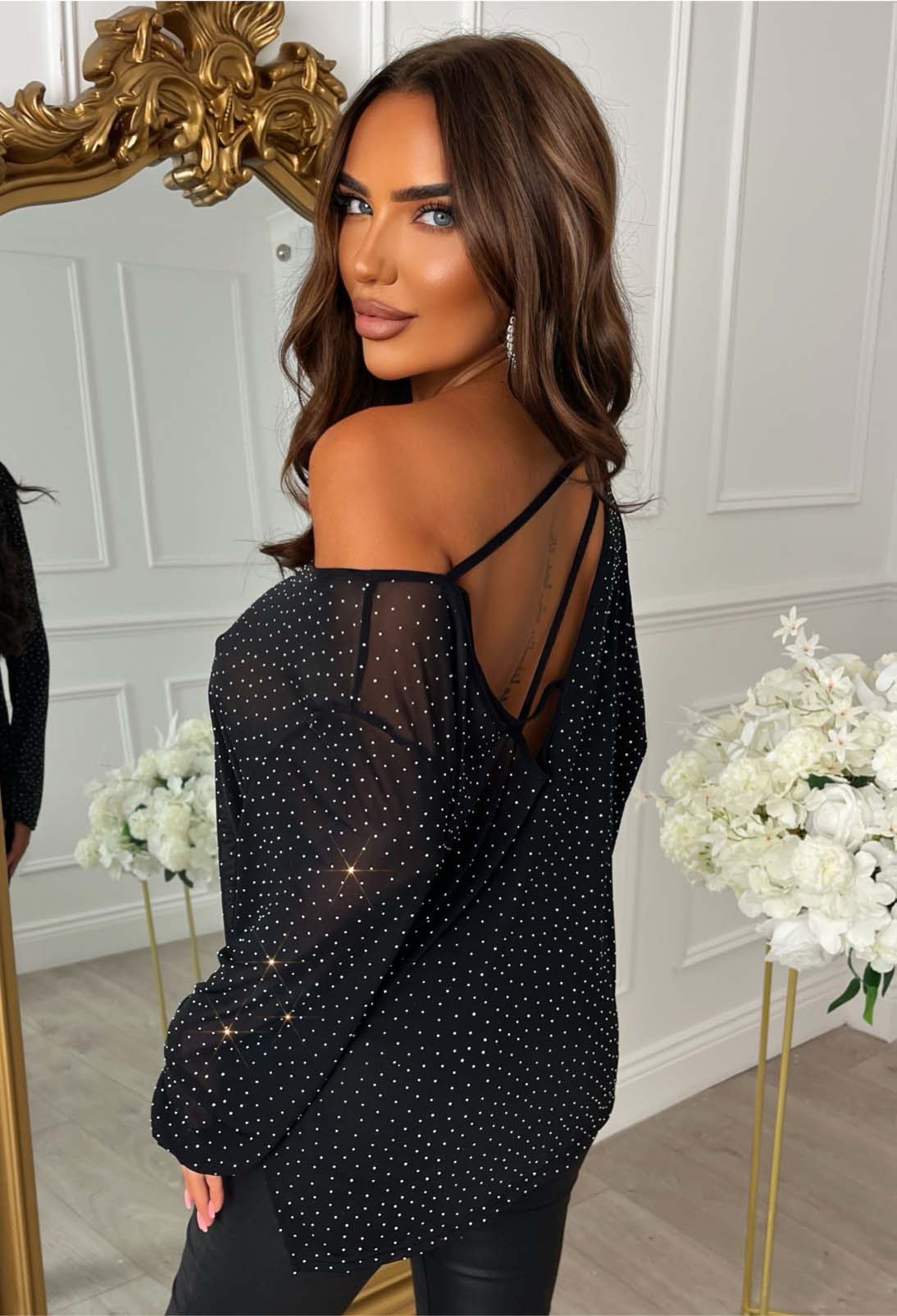 Diamond Mirage Black Hot Fix Mesh Off Shoulder Top