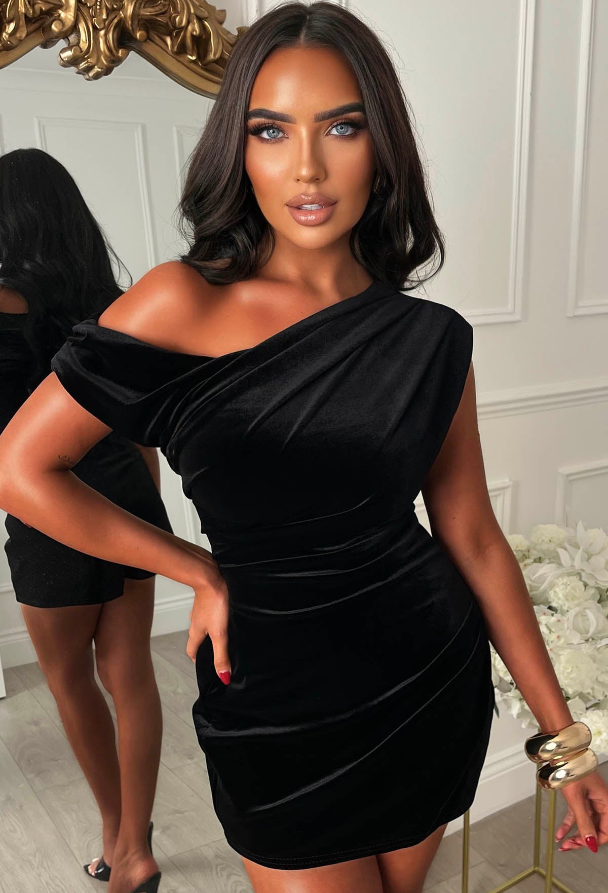 Dixie Divine Black Off The Shoulder Velvet Playsuit