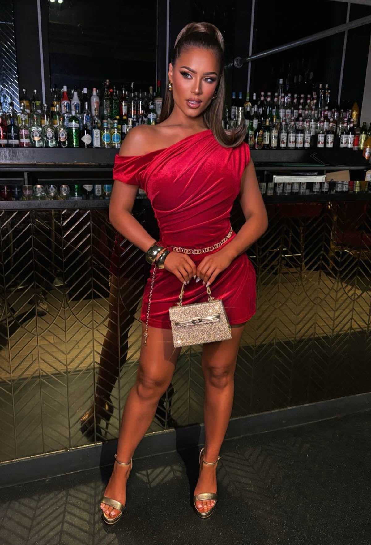 Dixie Divine Red Off The Shoulder Velvet Playsuit