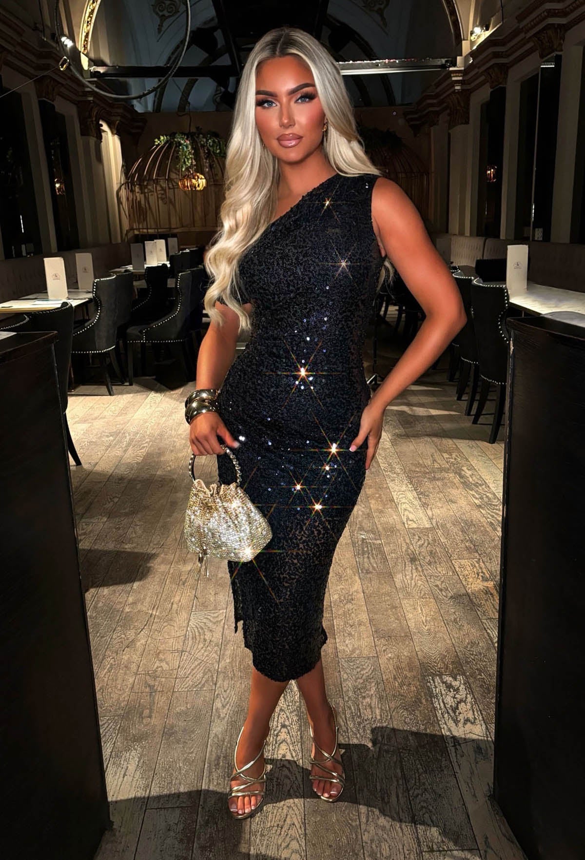 Dixie Sparkle Navy Off Shoulder Sequin Midi Dress
