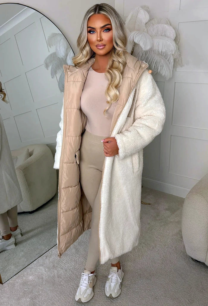 Double Trouble Beige Reversible Borg Padded Puffer Coat