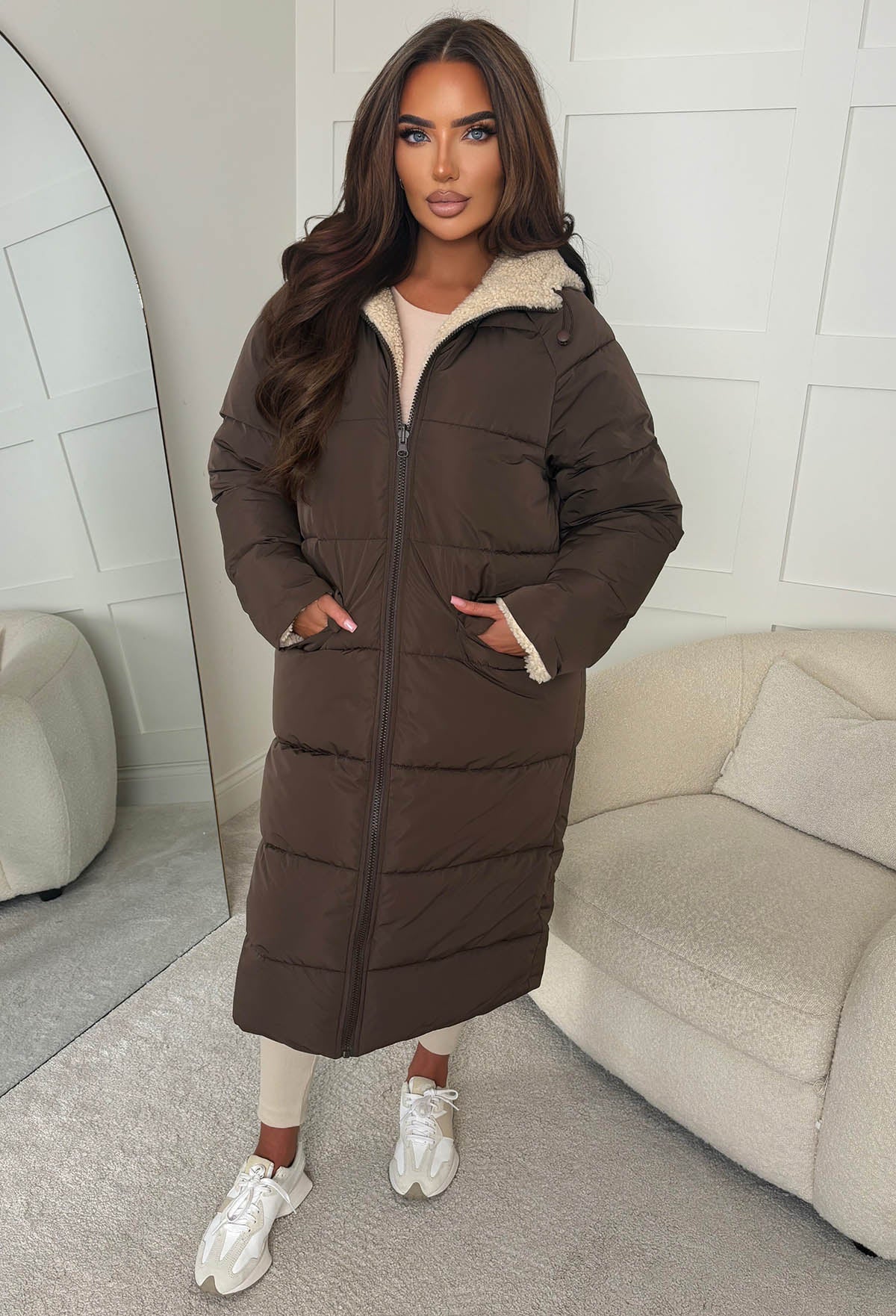Double Trouble Chocolate Brown Reversible Borg Padded Puffer Coat