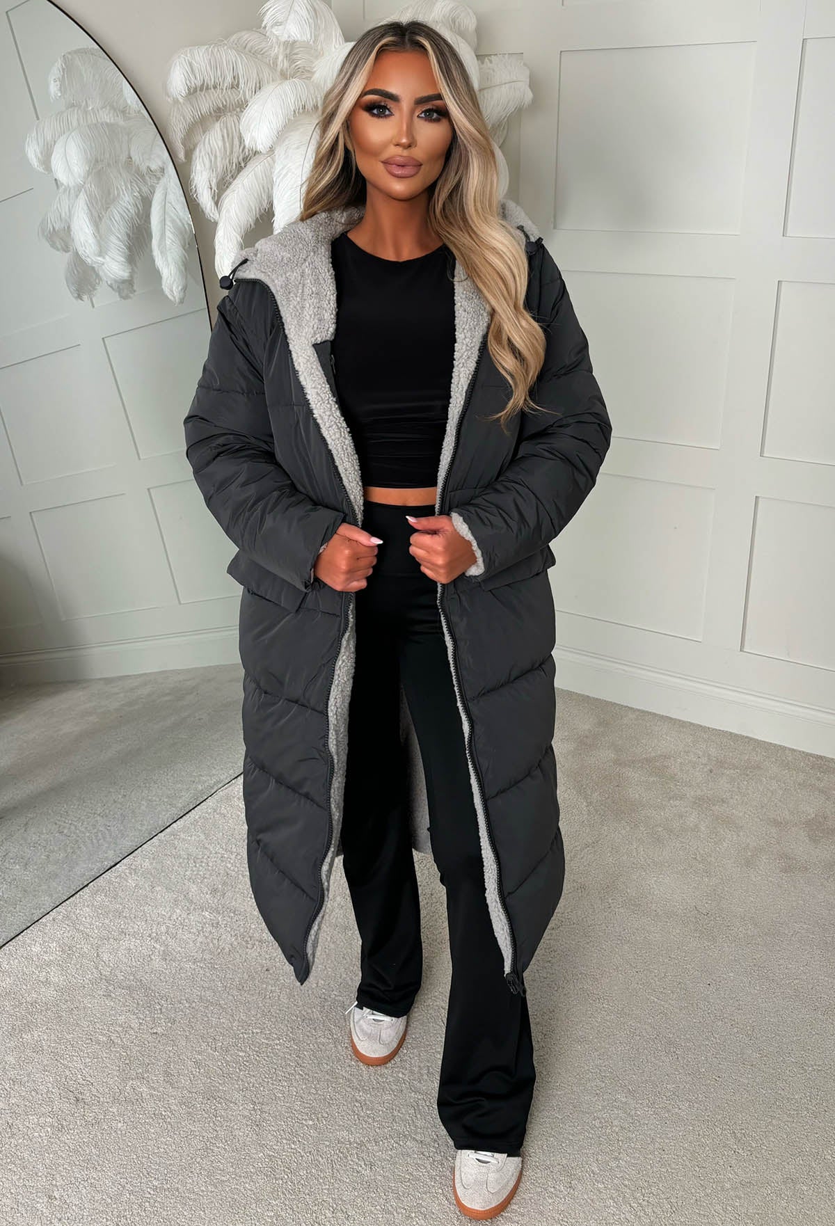 Double Trouble Grey Reversible Borg Padded Puffer Coat